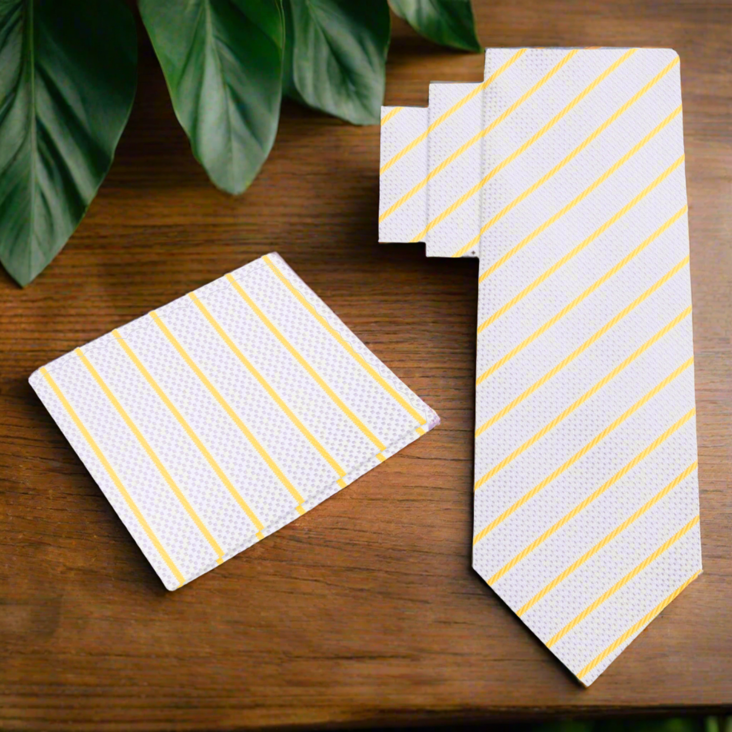 Elegant silver silk necktie with gold stripes on a model for wedding attire