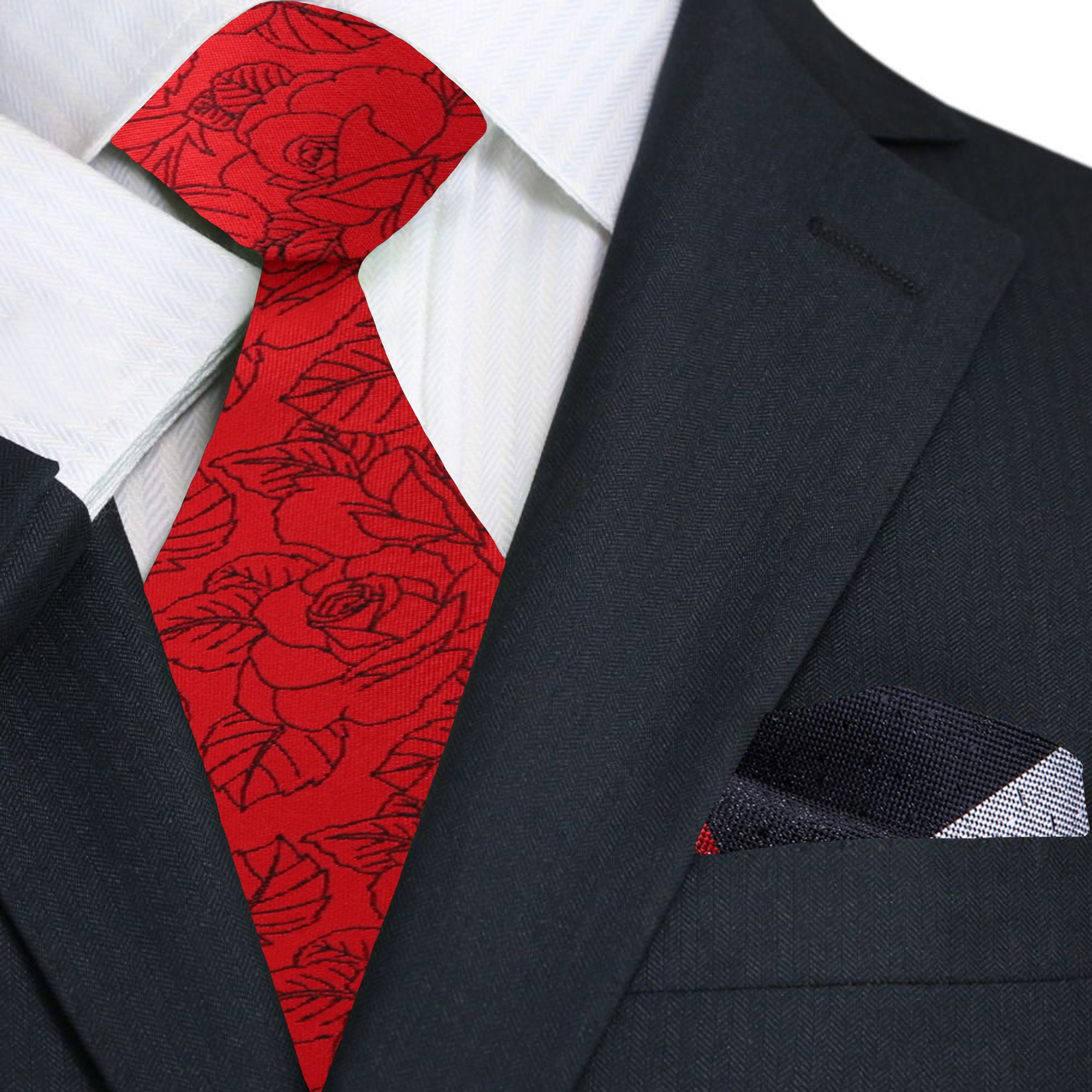 Close-up of sketched roses on the red and black silk necktie, ideal for formal occasions.