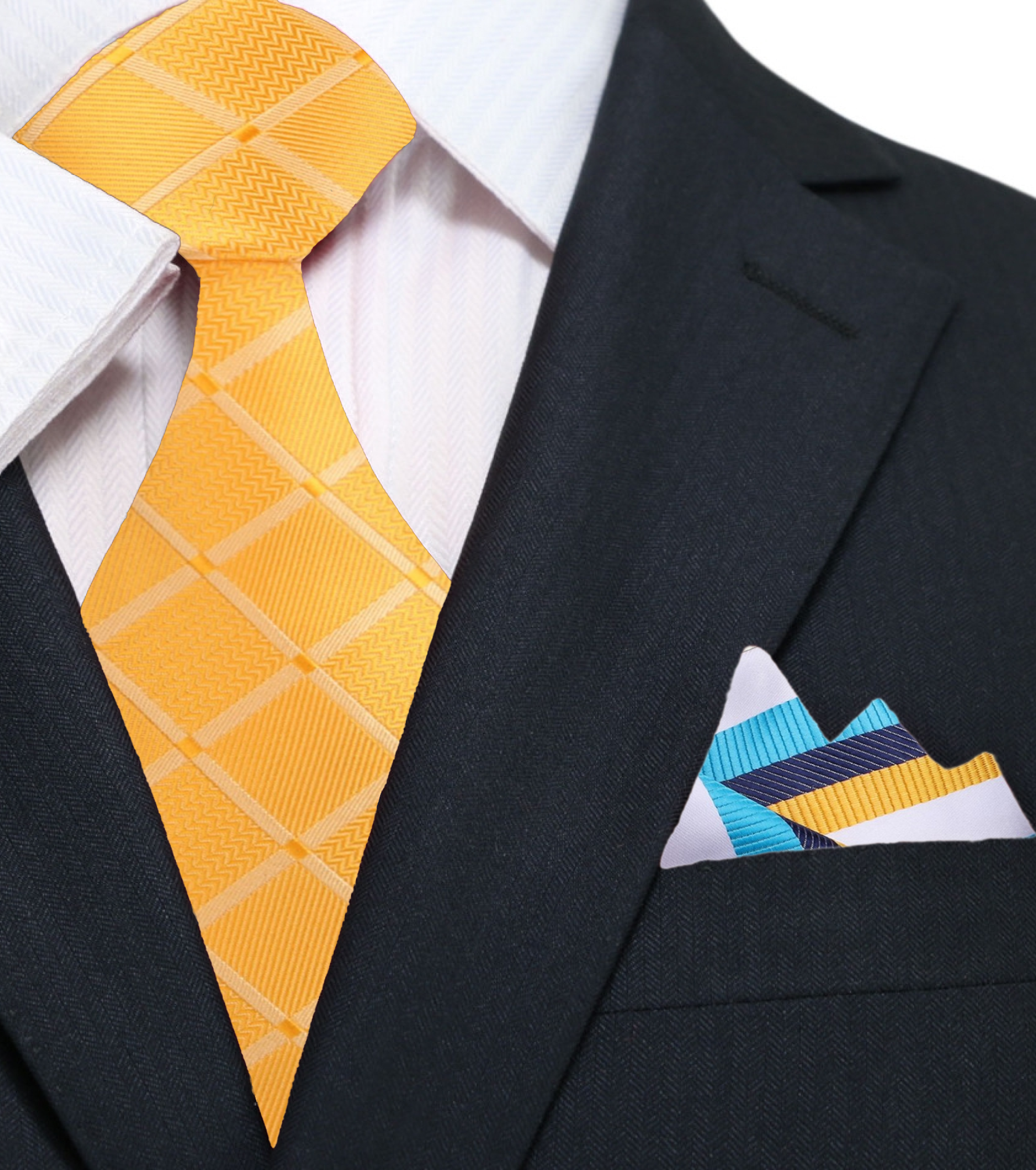 A full view of the geometric yellow tie paired with a crisp white dress shirt for a sharp look.