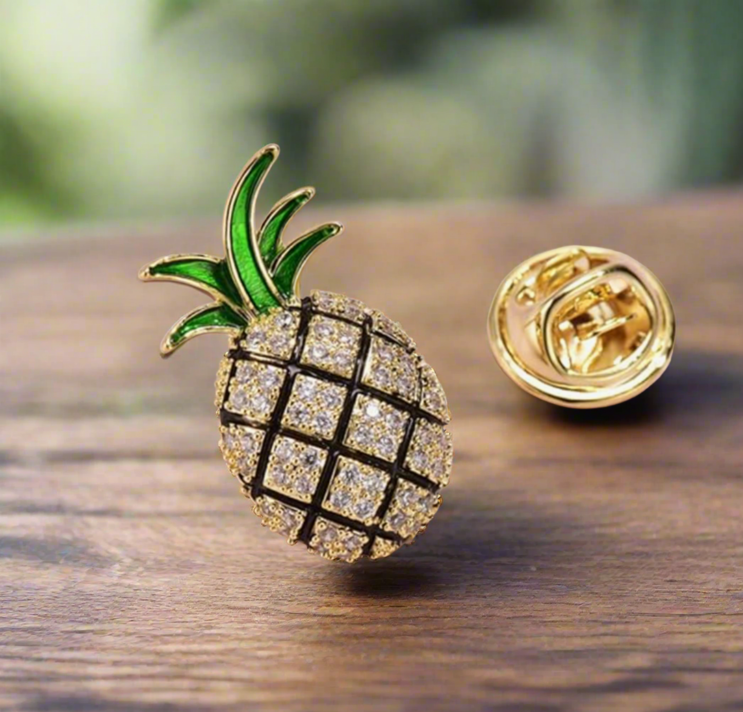 Close-up of the tropical pineapple lapel pin showcasing its vibrant colors and intricate design.