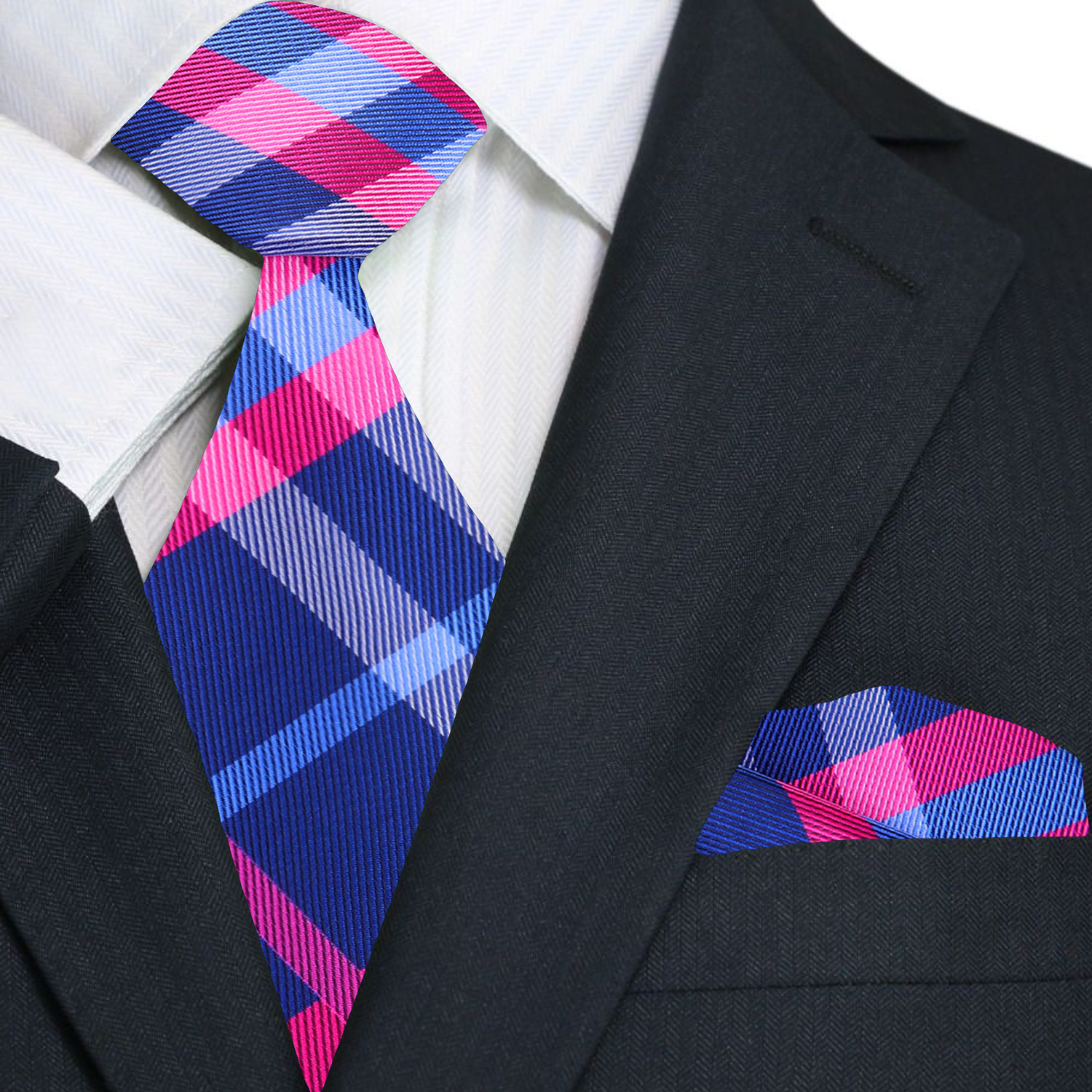Lyndenholt blue pink plaid silk tie displayed on a formal outfit.