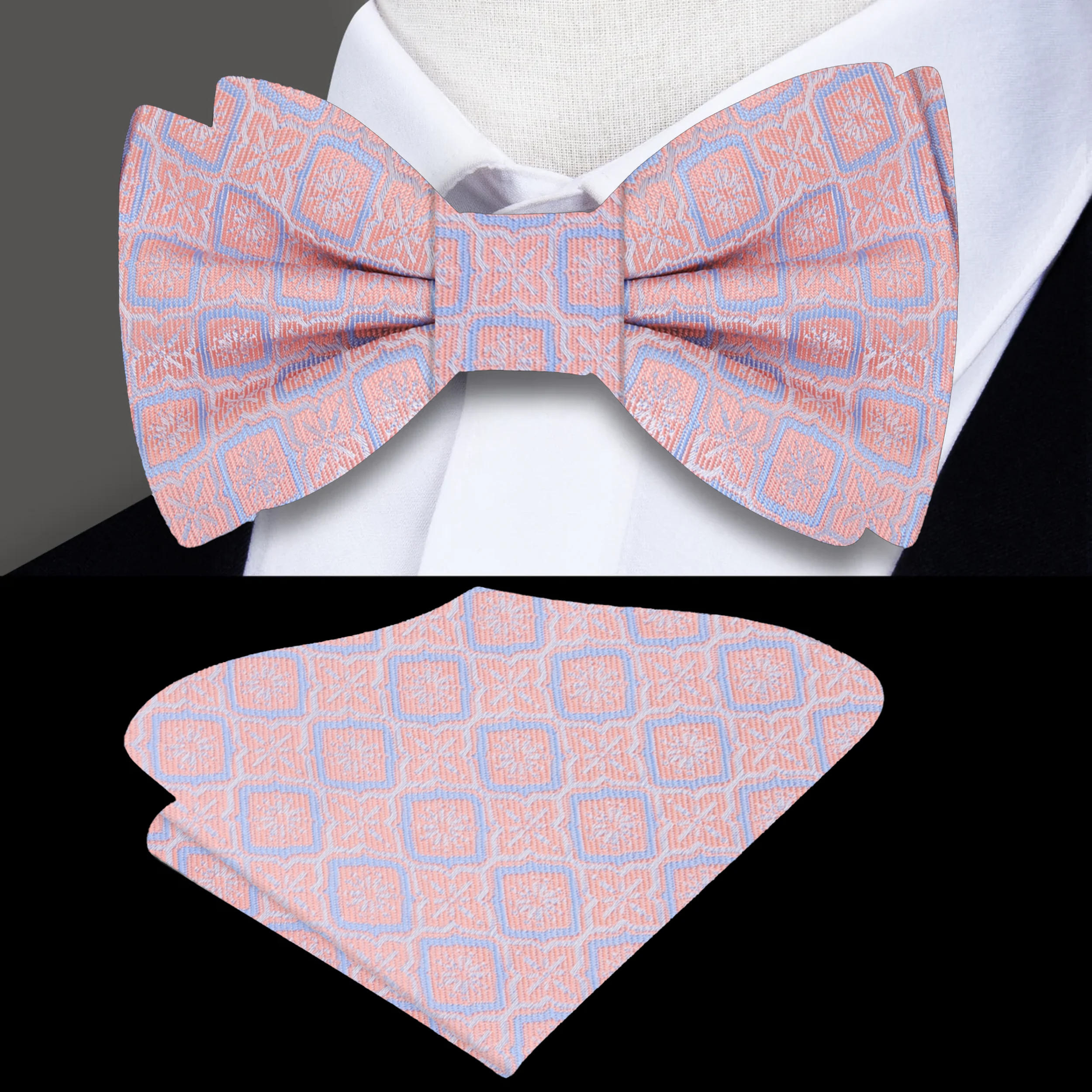 Close-up of the vibrant geometric silk bow tie showcasing the intricate pattern and colors.