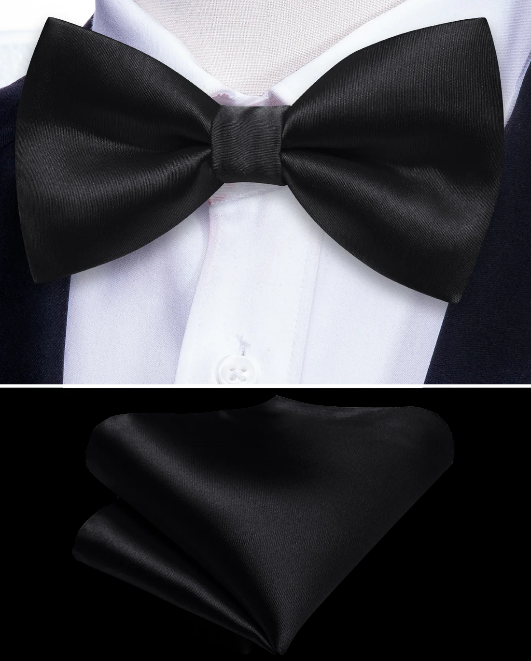 Formal wear accessories featuring a shiny white bow tie with matching pocket square