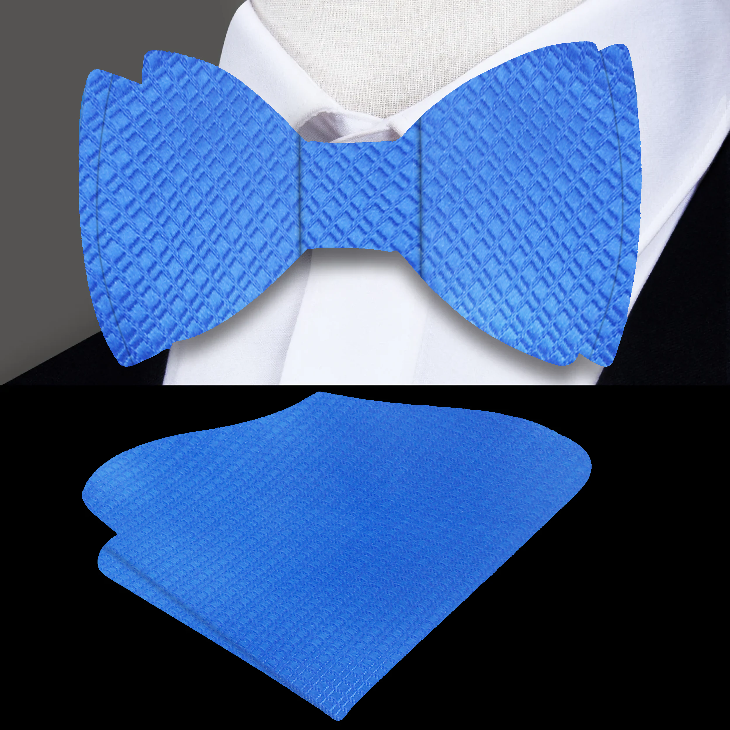 Solid red self-tie bow tie displayed on a crisp white shirt, perfect for weddings.