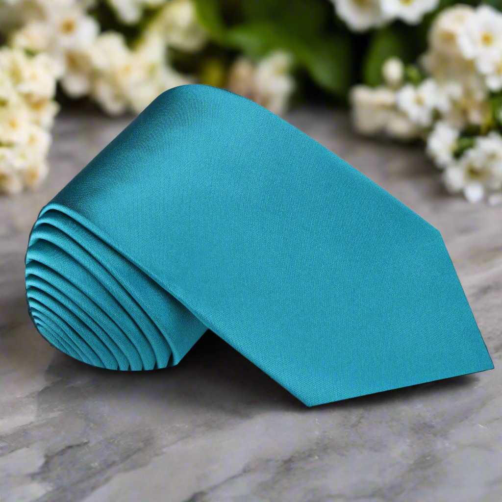 Caribbean Elegance Silk Tie displayed against a crisp white shirt, showcasing its vibrant blue-green color.