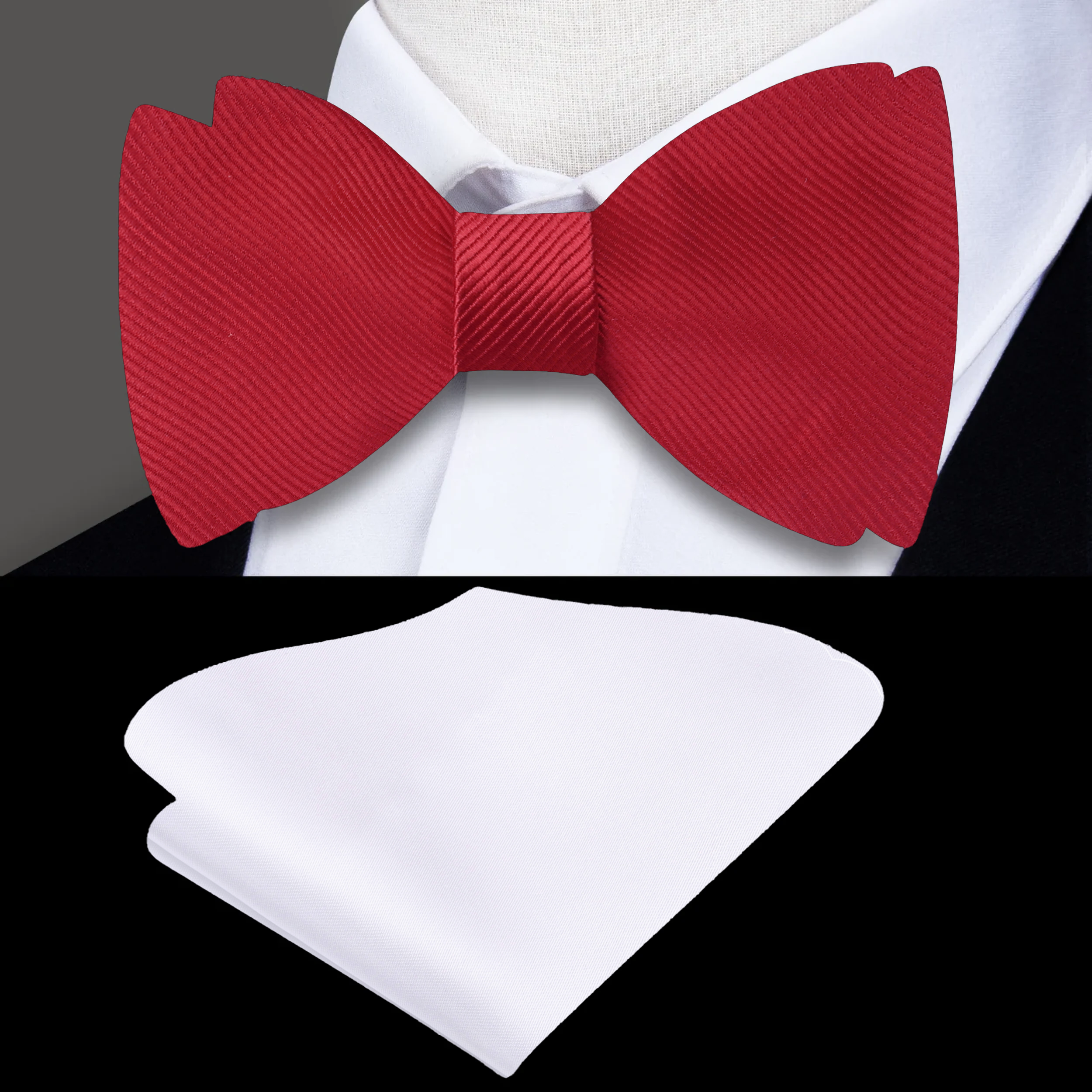 Elegant red bow tie with pocket square set displayed on a white background, showcasing the silk fabric.