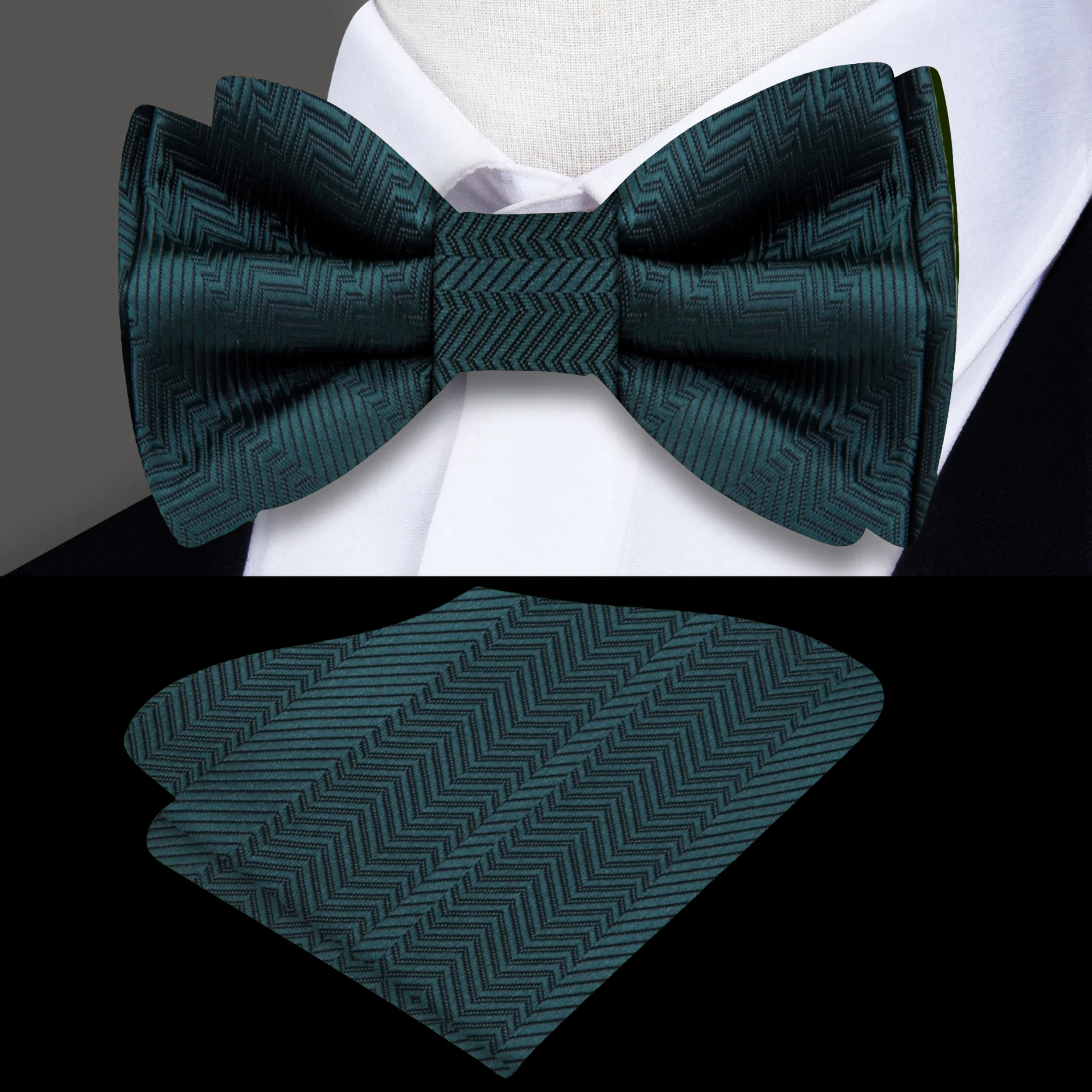 Close-up of a deep pine green silk bow tie, showcasing its smooth texture and elegant design.