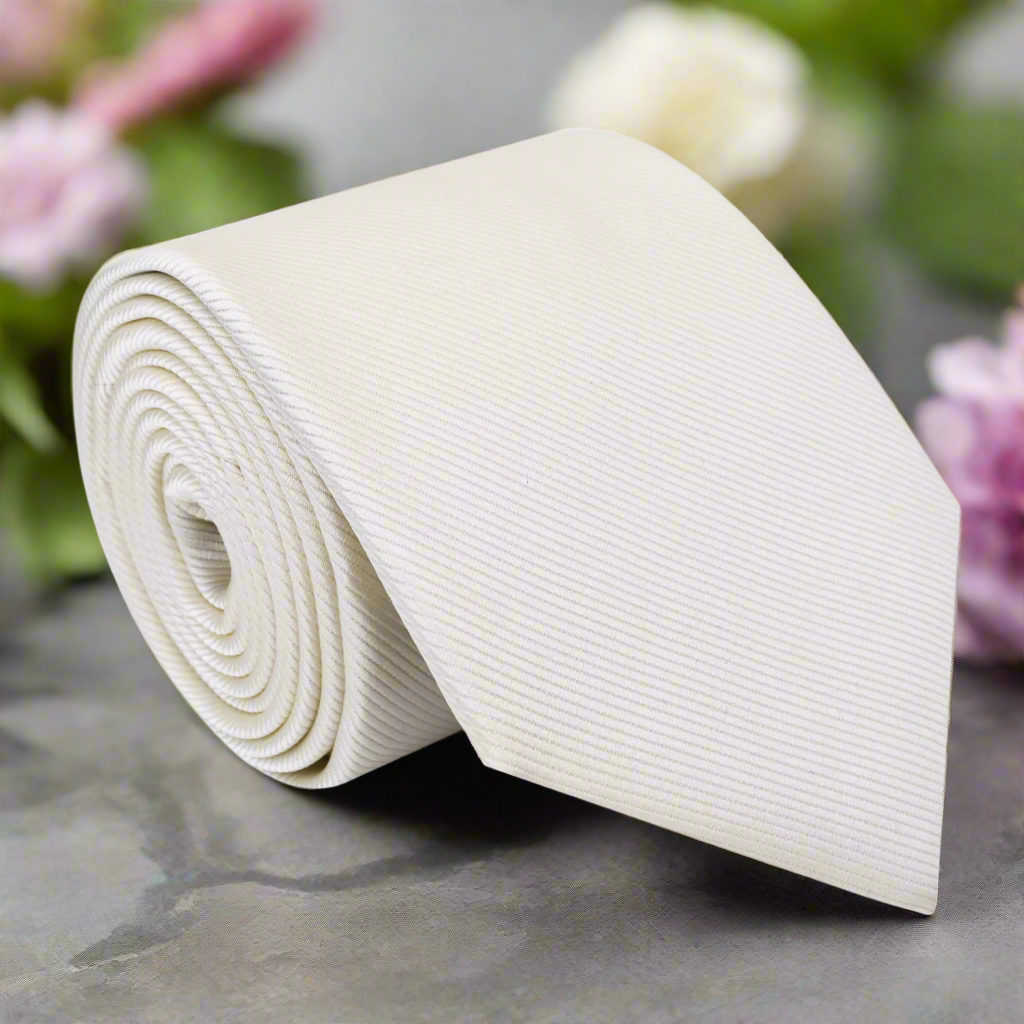 Elegant off-white silk necktie displayed on a tailored suit, showcasing its smooth texture and refined look.