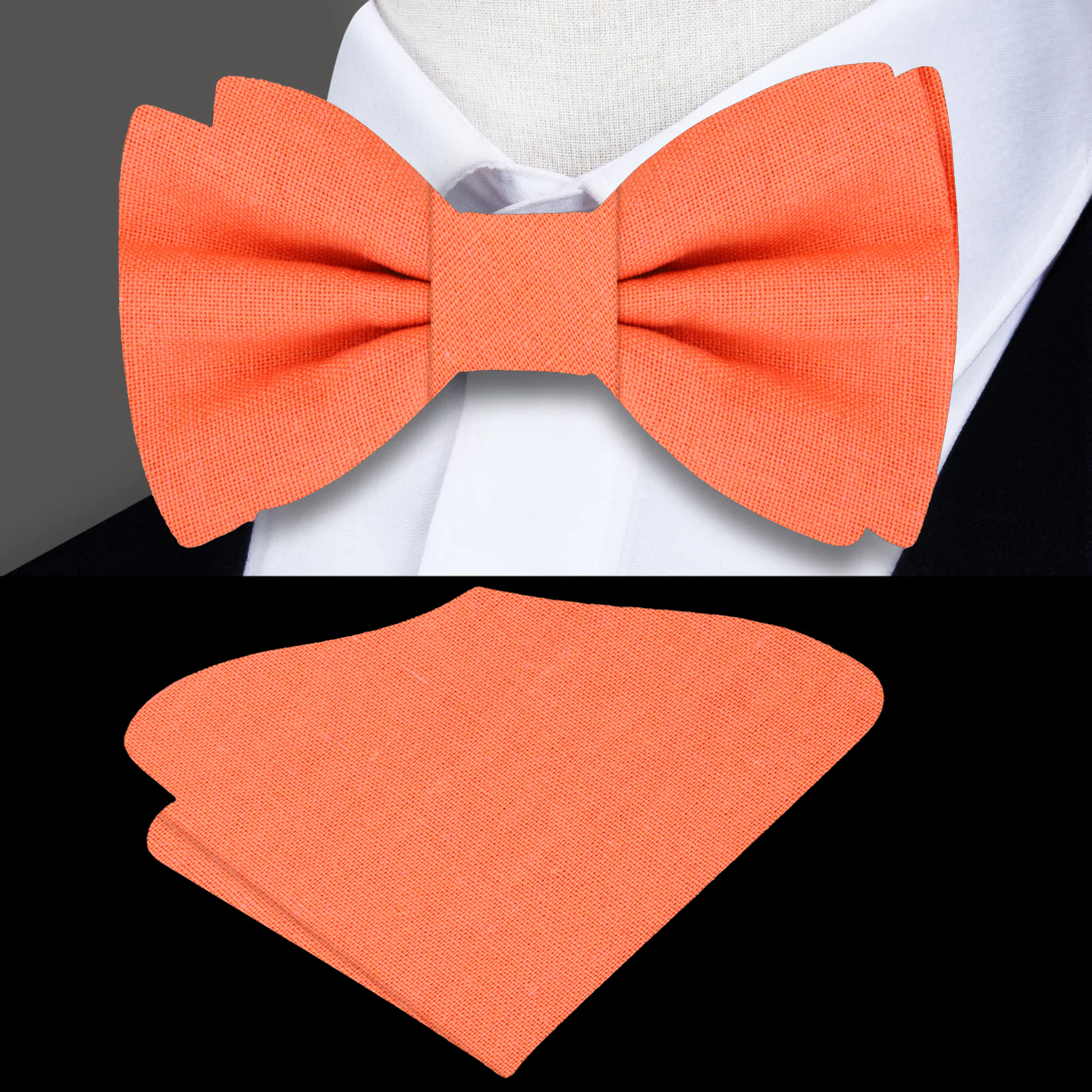 Close-up of a light blue linen bow tie with matching pocket square, perfect for weddings
