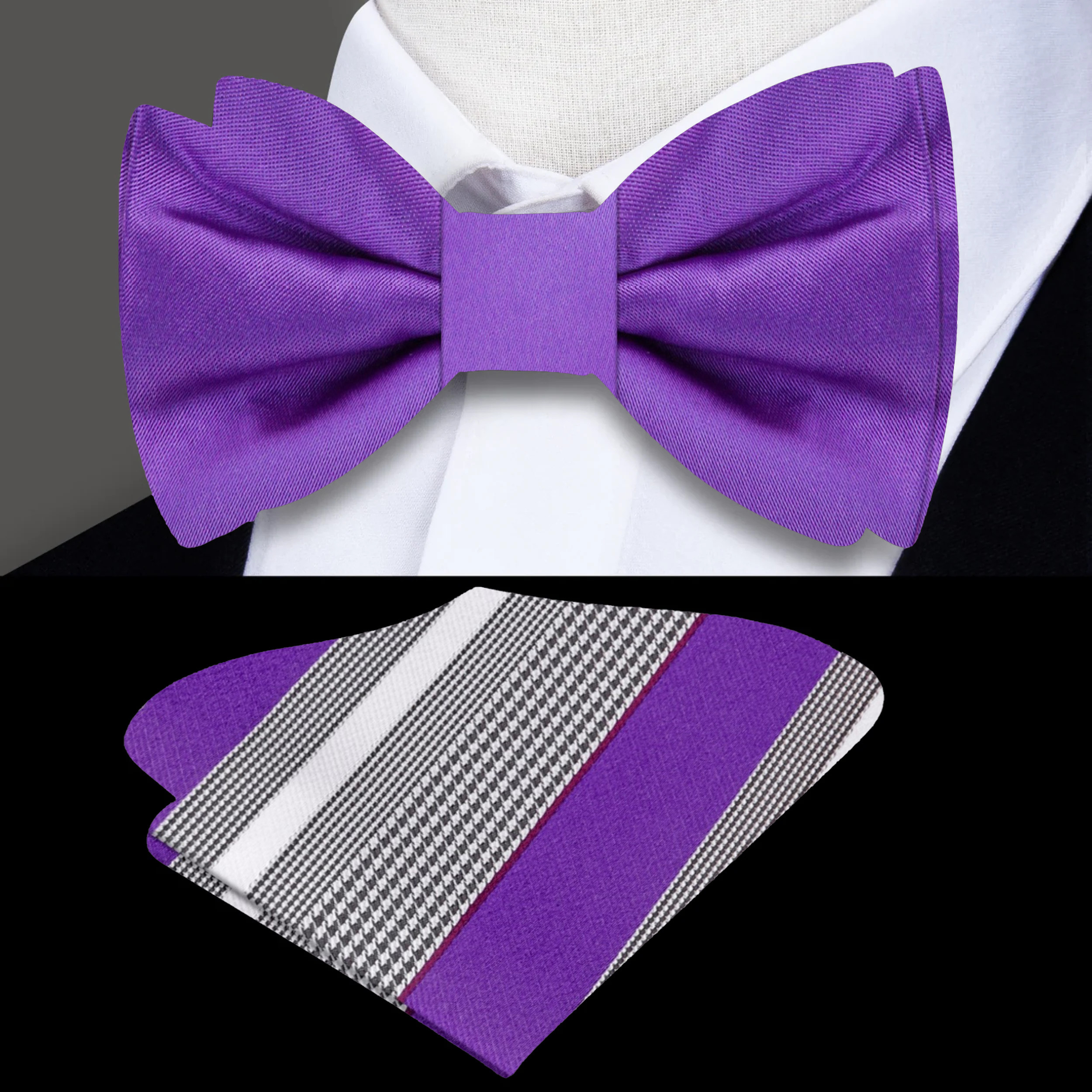 Regal purple silk bow tie displayed on a white shirt, ideal for weddings.