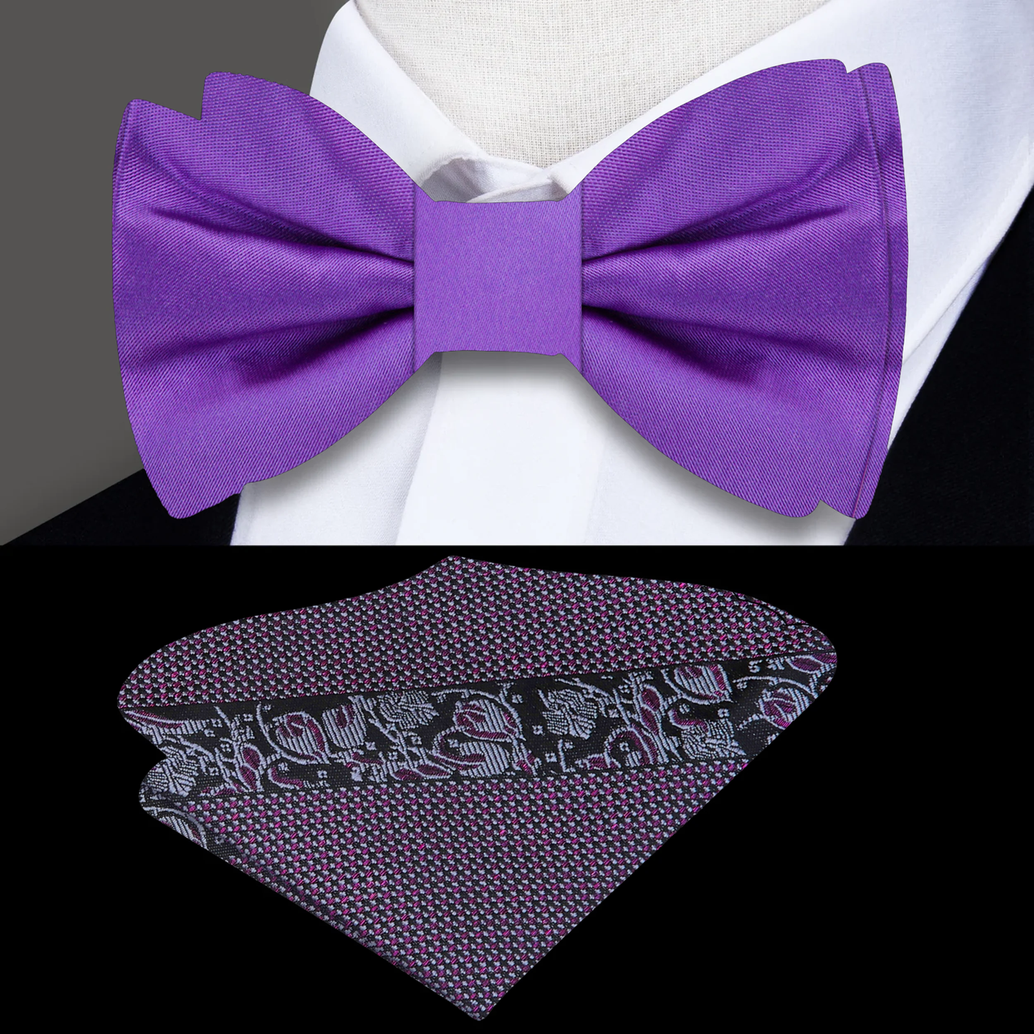 Close-up of a purple silk bow tie, showcasing its fine texture and craftsmanship
