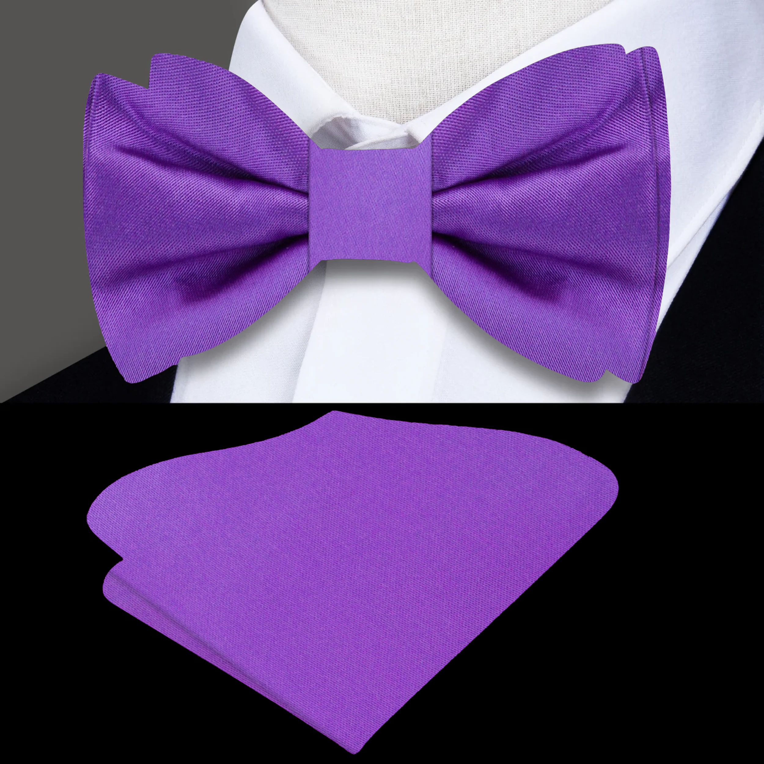 Close-up of the smooth texture of the purple bow tie, emphasizing its silk material.