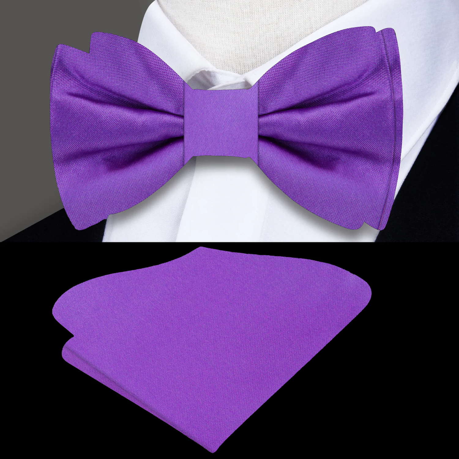 Model wearing a formal purple bow tie paired with a white dress shirt and navy suit