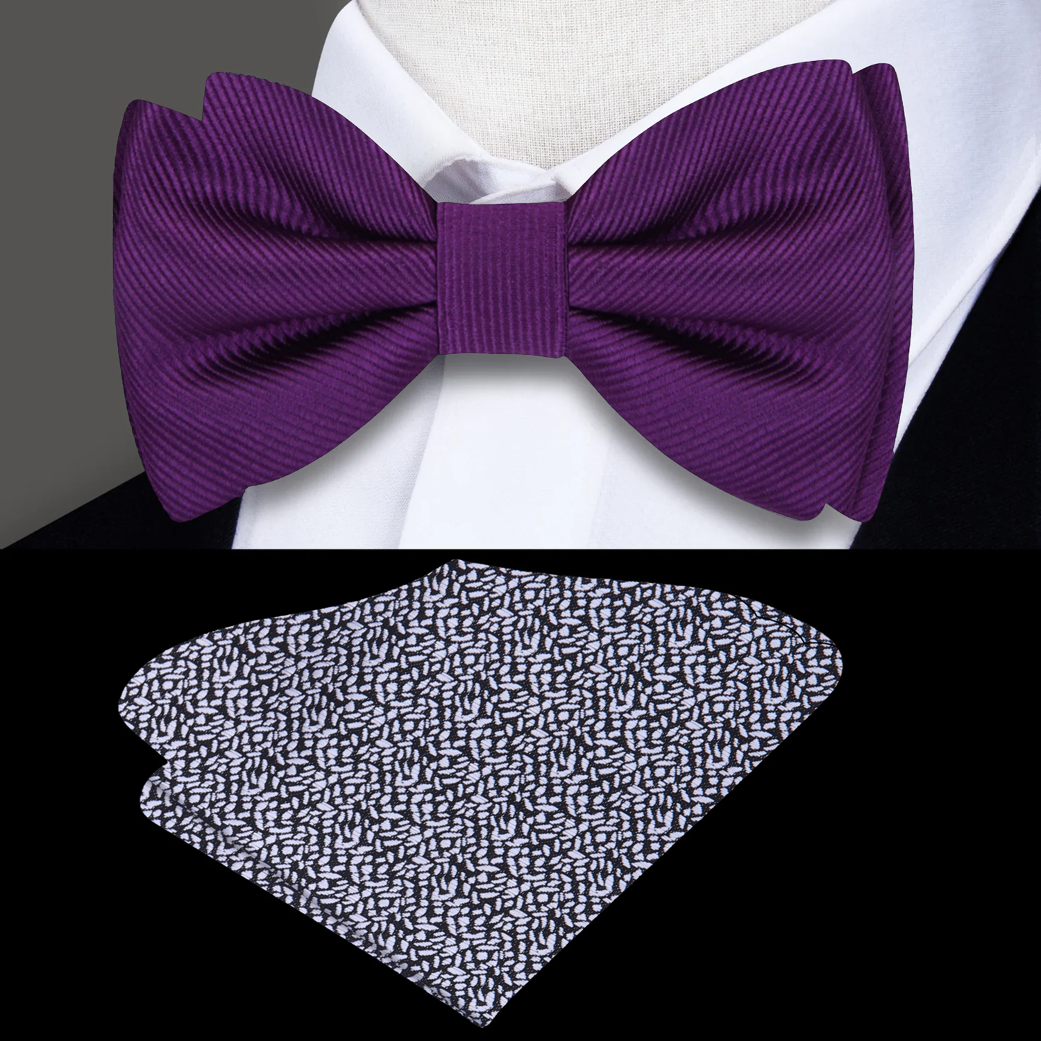Elegant solid purple bow tie displayed on a classic white shirt, highlighting its rich color and texture.