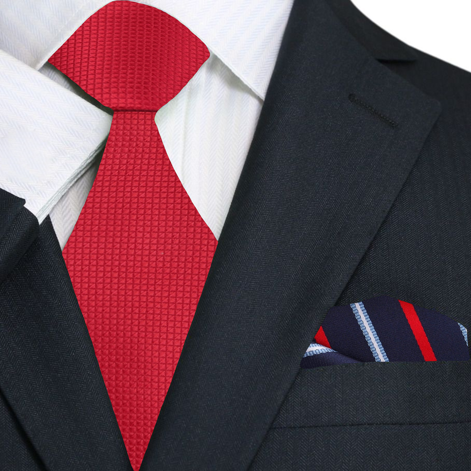 Man wearing a classic solid red mens tie with a white dress shirt and navy suit