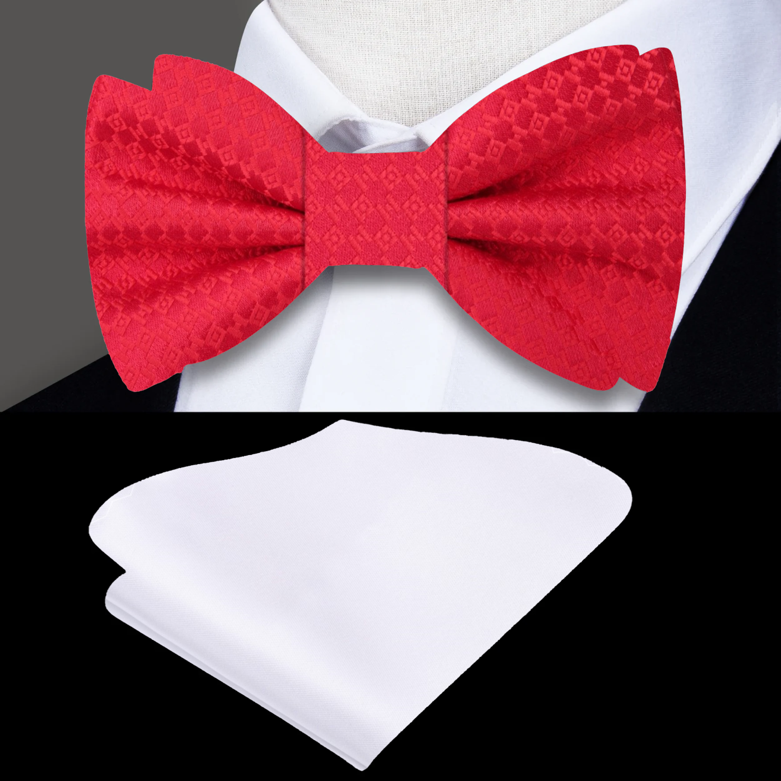 Front view of red geometric bow tie on a mannequin for formal occasions