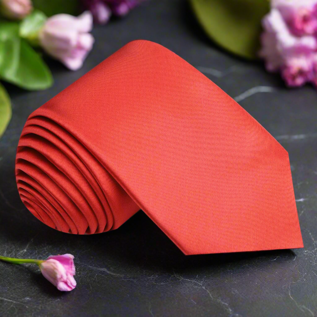 Close-up of Elegant Solid Red Silk Necktie draped over a suit jacket, highlighting its rich texture.