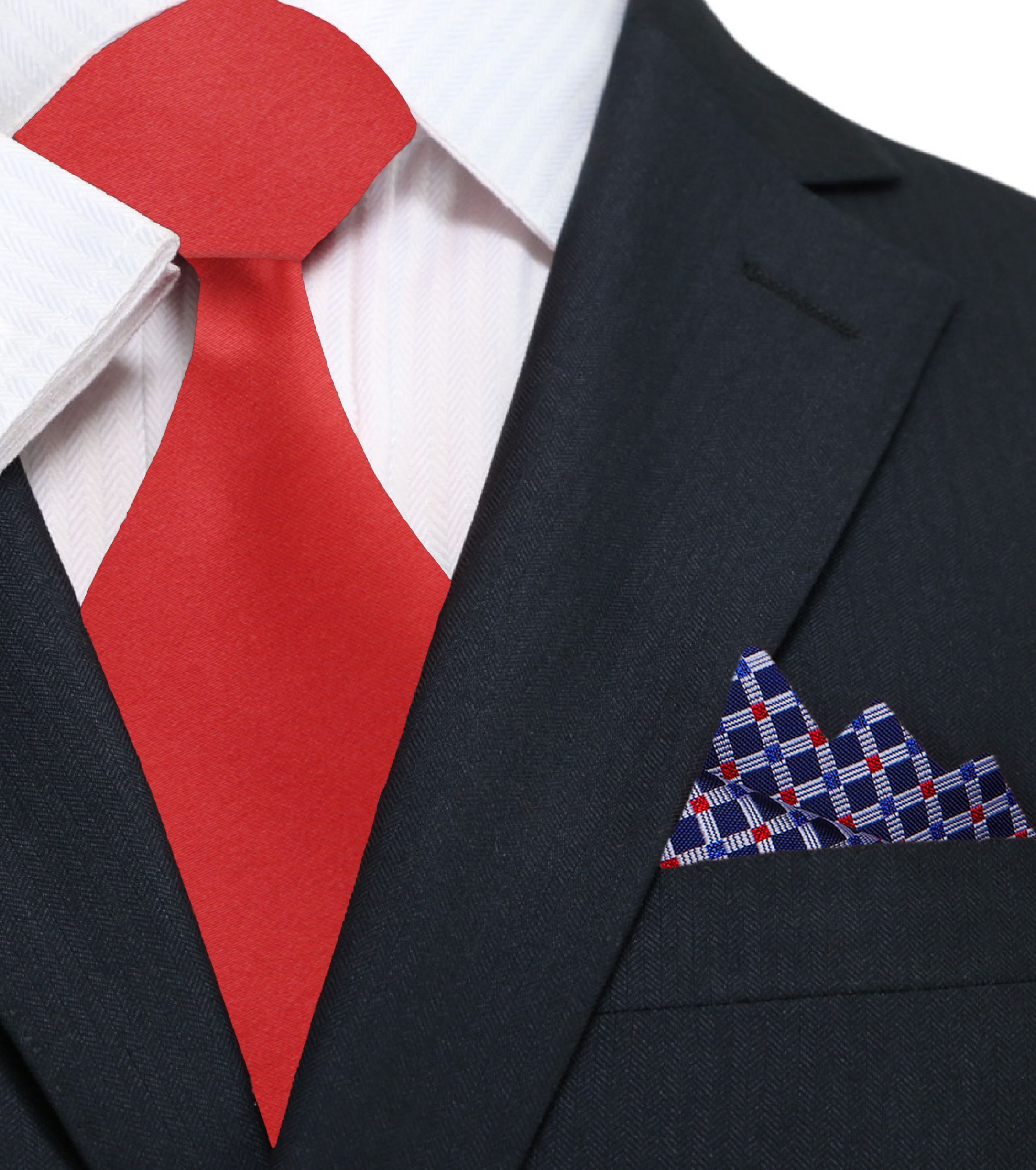 Elegant Solid Red Silk Necktie with a matching pocket square, set against a classic white dress shirt.