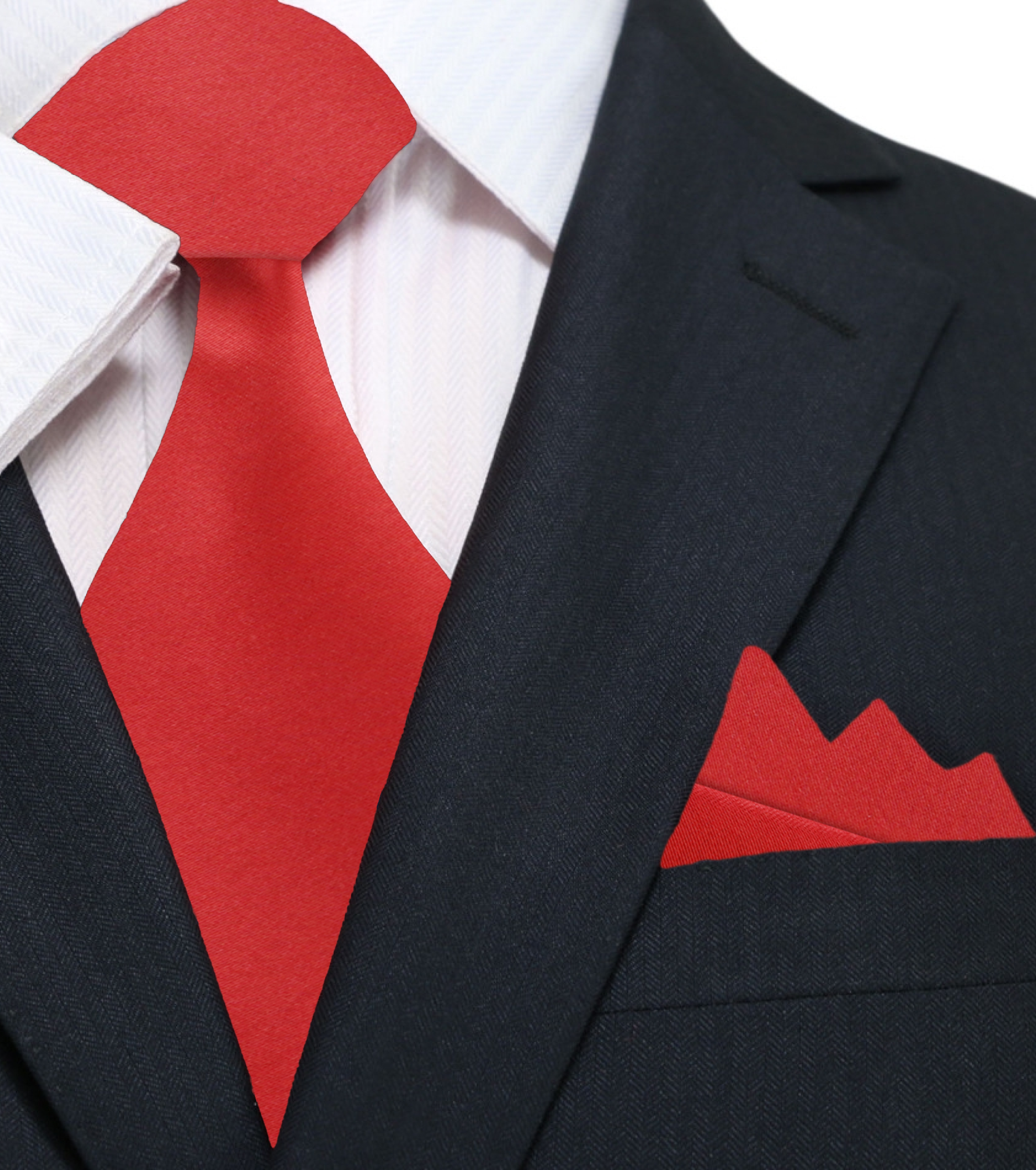Elegant Solid Red Silk Necktie with a matching pocket square, set against a classic white dress shirt.