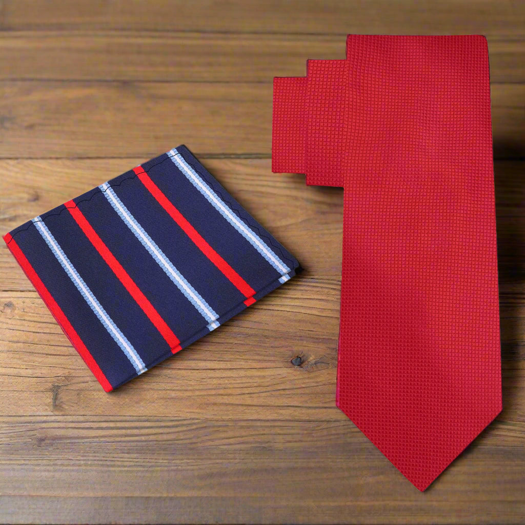 Close-up of a silk red tie with a sleek knot, ideal for formal occasions