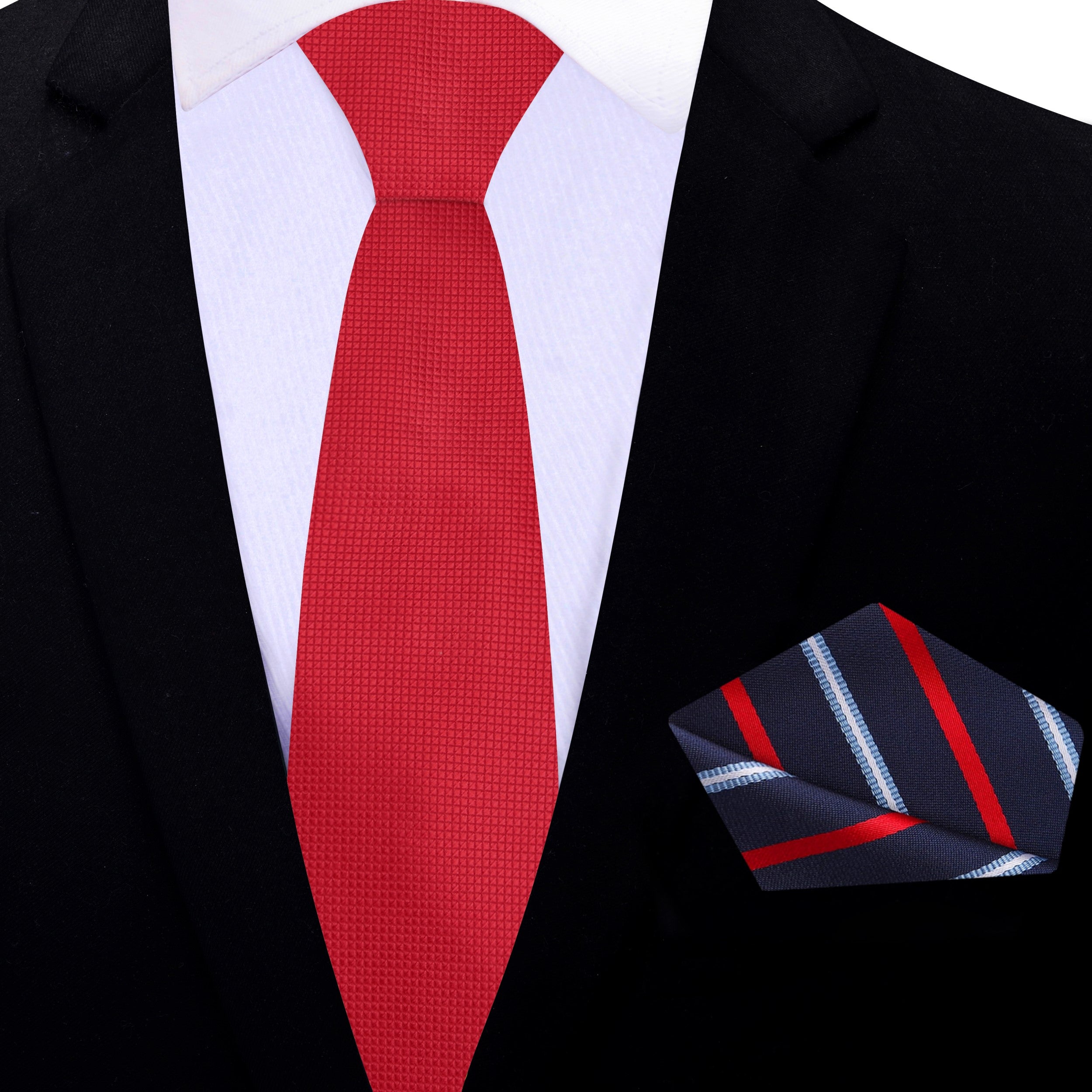 Silk red tie displayed on a hanger, showcasing its vibrant color and smooth texture