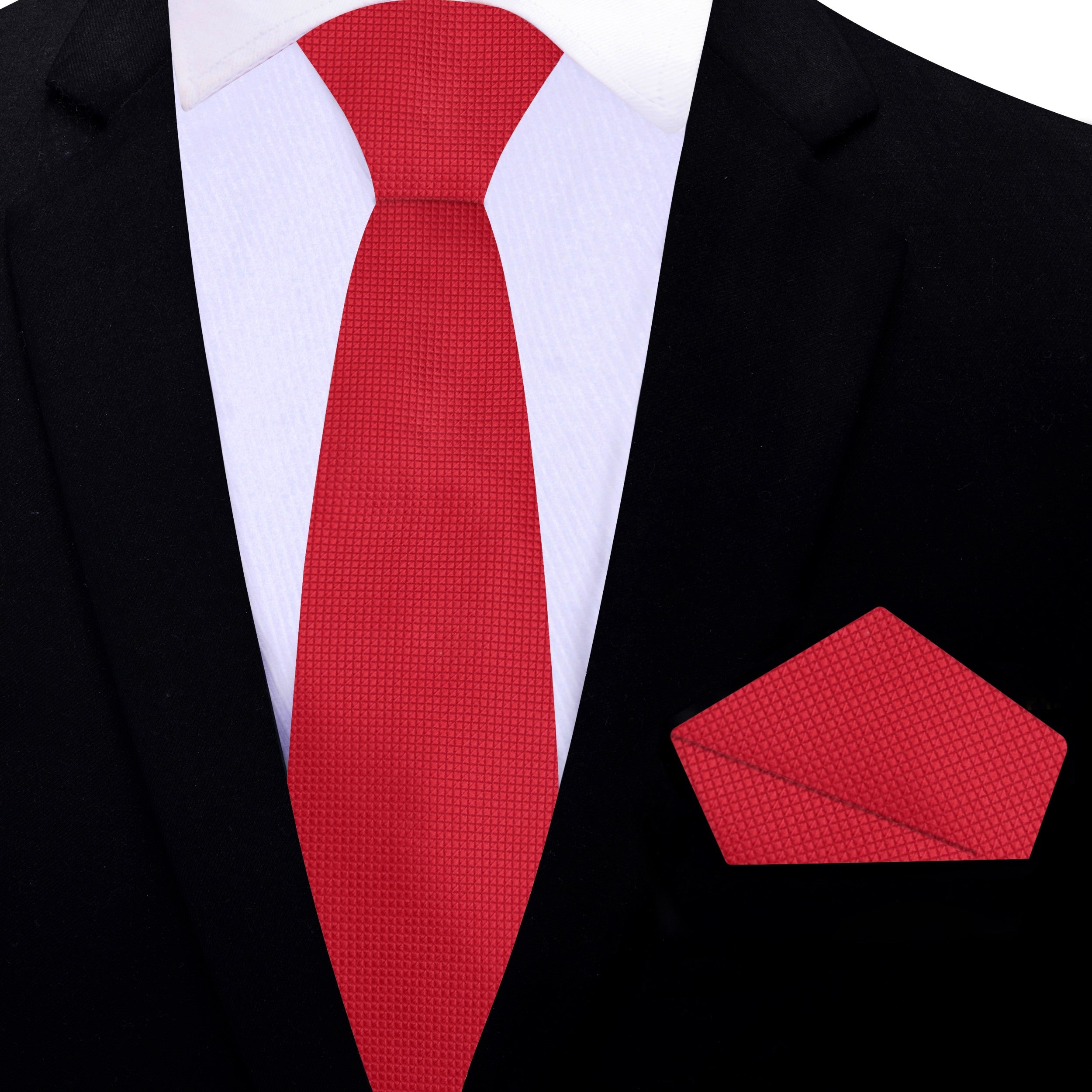 Silk red tie displayed on a hanger, showcasing its vibrant color and smooth texture