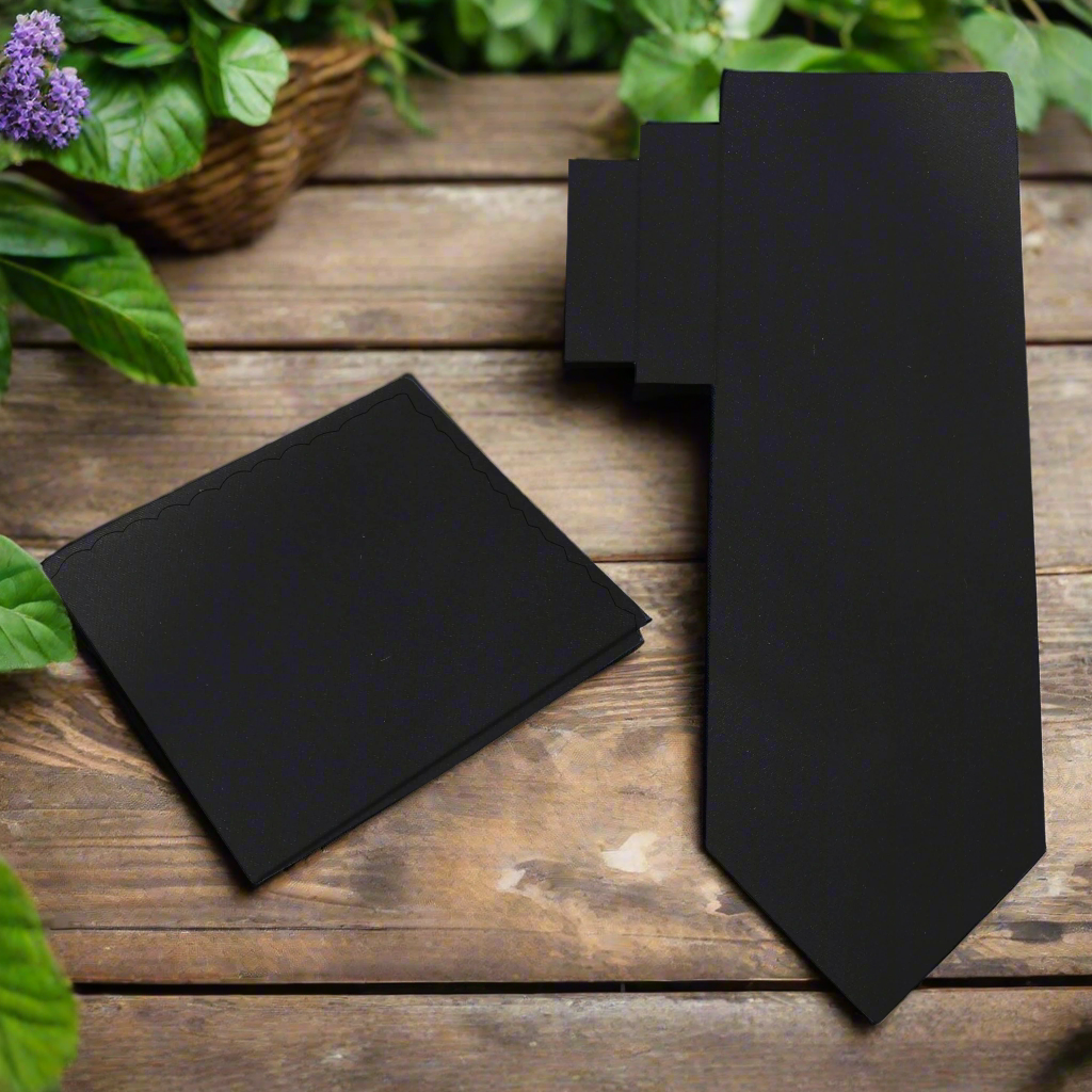 Close-up of a black silk tie suitable for wedding formal wear