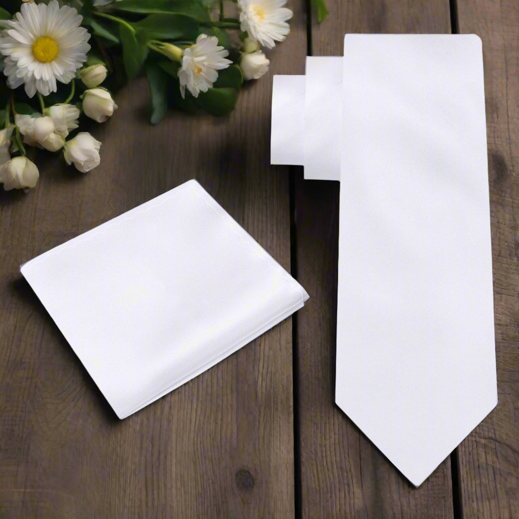Elegant solid white silk necktie displayed on a formal shirt for weddings