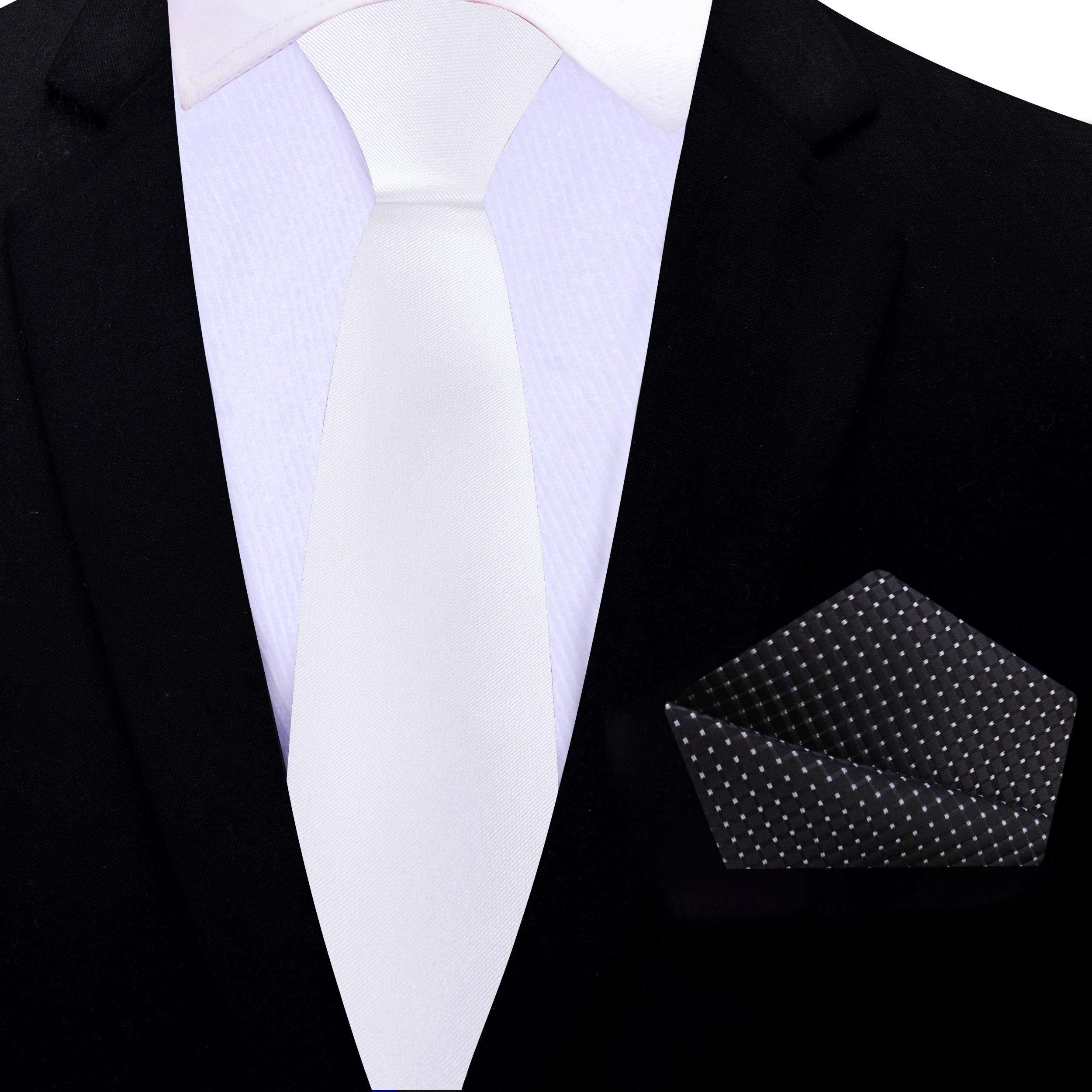 Model wearing a white necktie paired with a charcoal grey suit at a summer gala