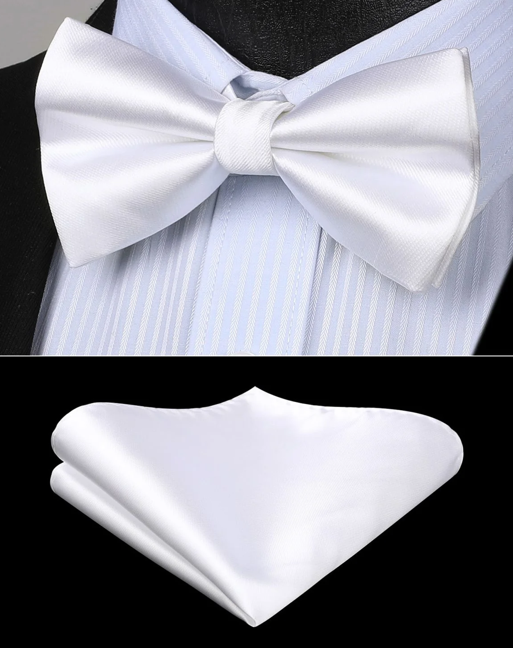 Formal wear accessories featuring a shiny white bow tie with matching pocket square