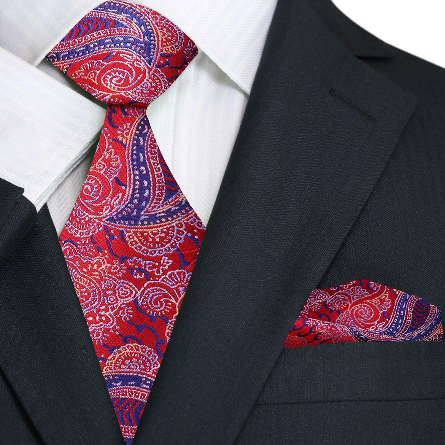 Vibrant red paisley silk tie with blue accents, perfect for weddings and formal events