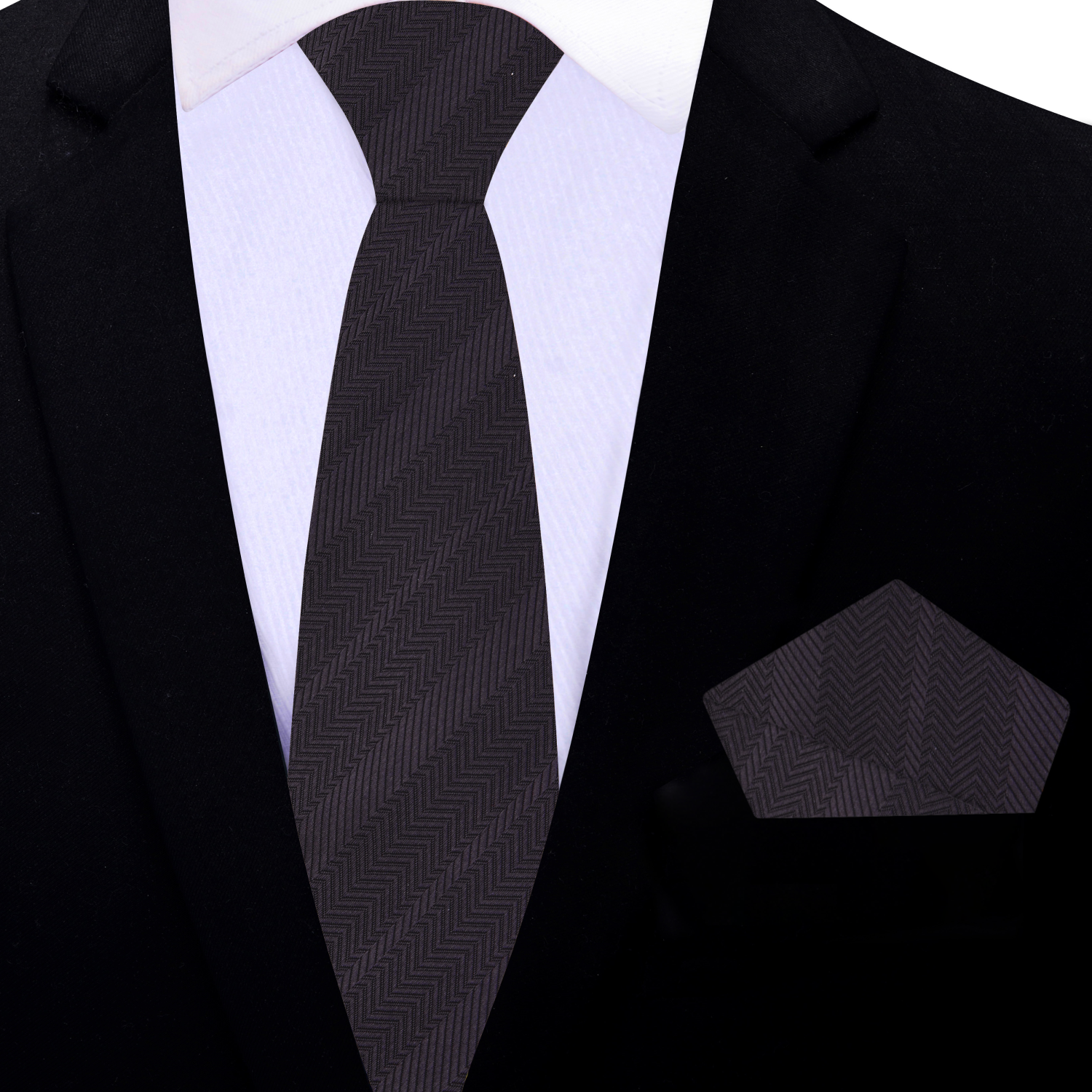 Full view of the charcoal tie and pocket square set, ideal for formal dinners and interviews.