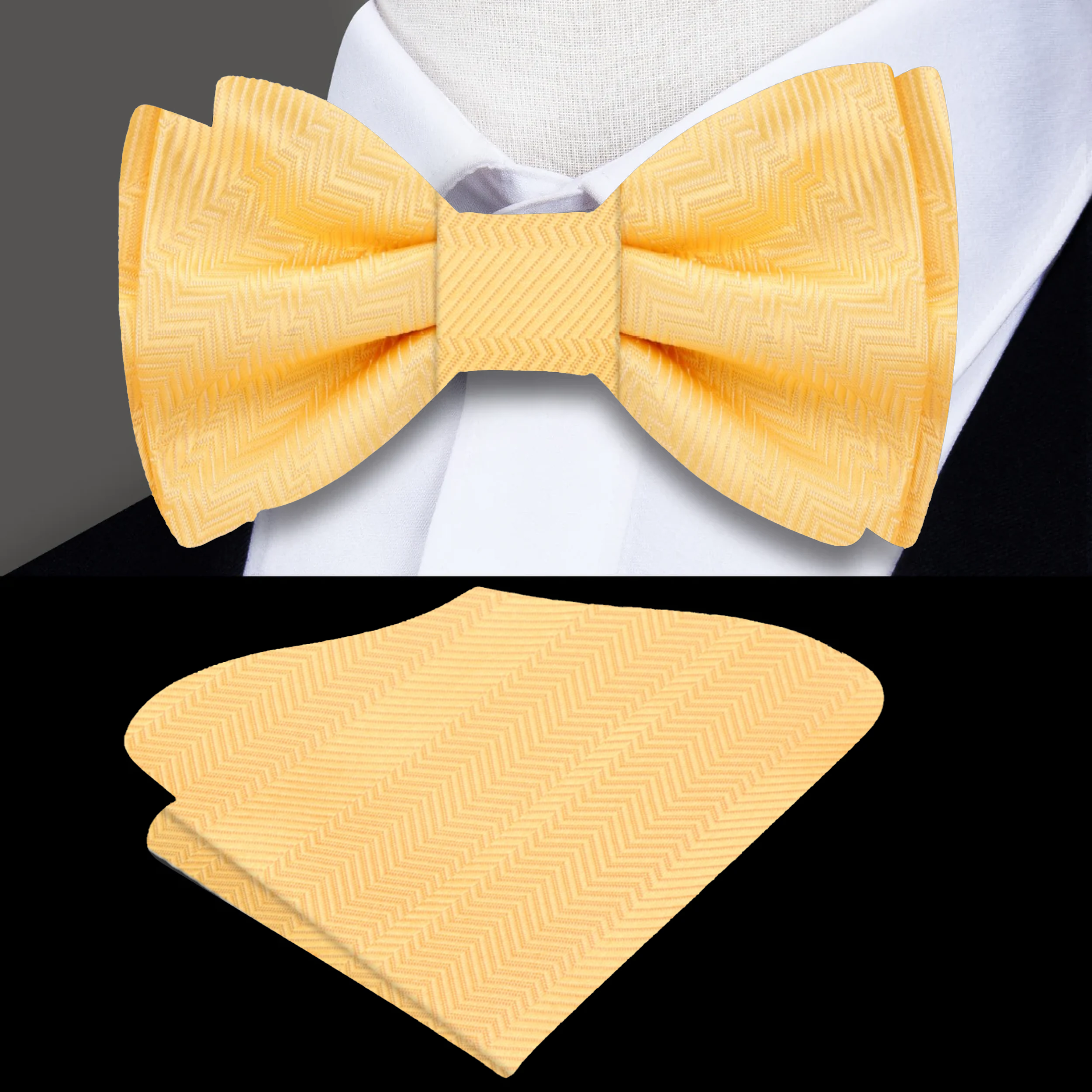 Close-up of charming yellow bow tie for formal events, showcasing its solid pattern.