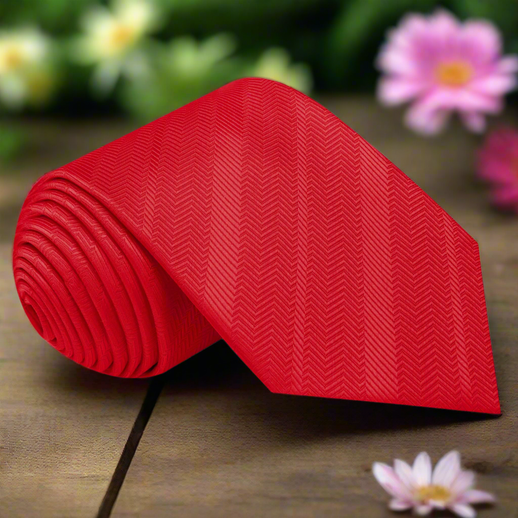 Red silk necktie draped over a hanger showcasing its luxurious texture