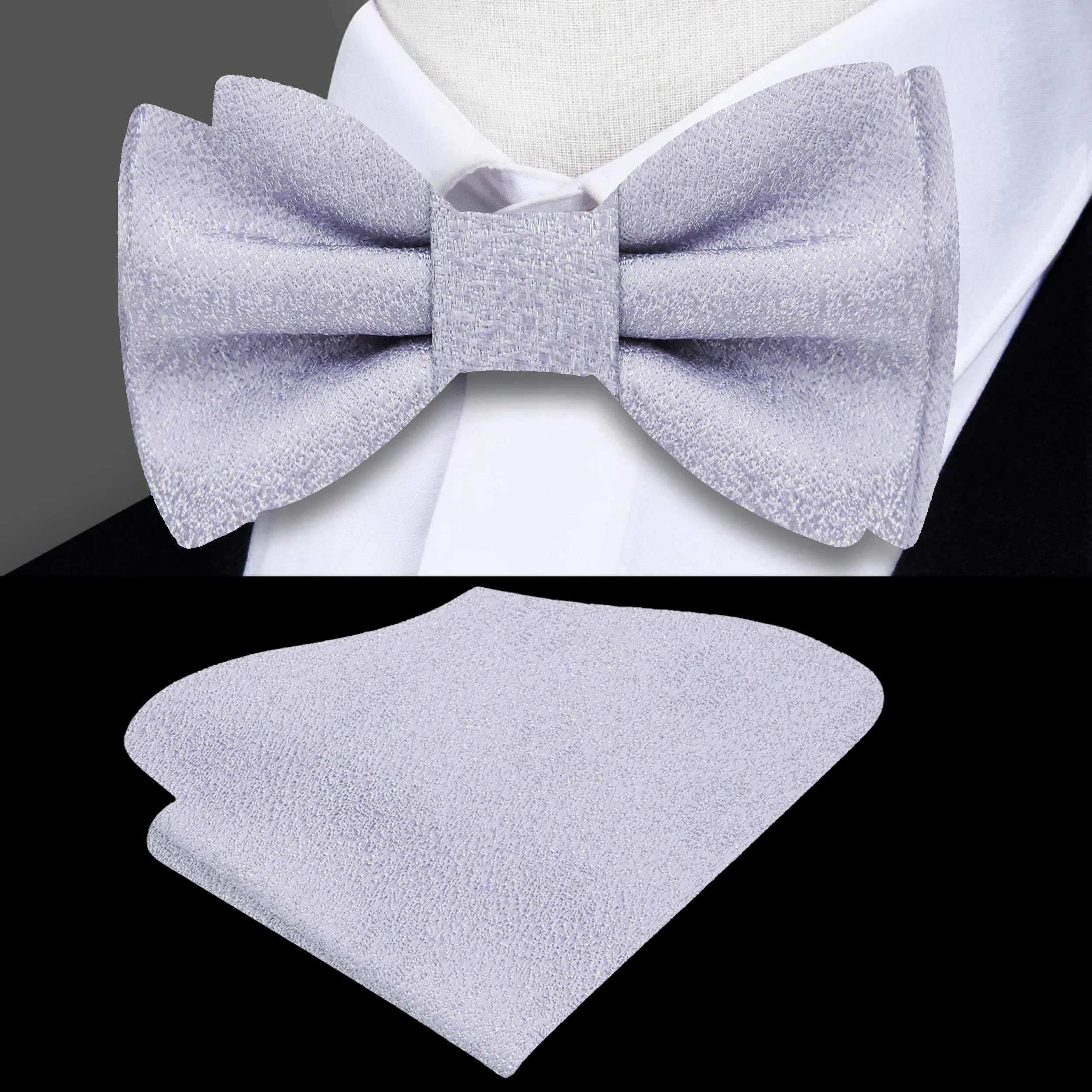 Styled image of a pink textured bow tie paired with a light blue shirt, perfect for outdoor gatherings.
