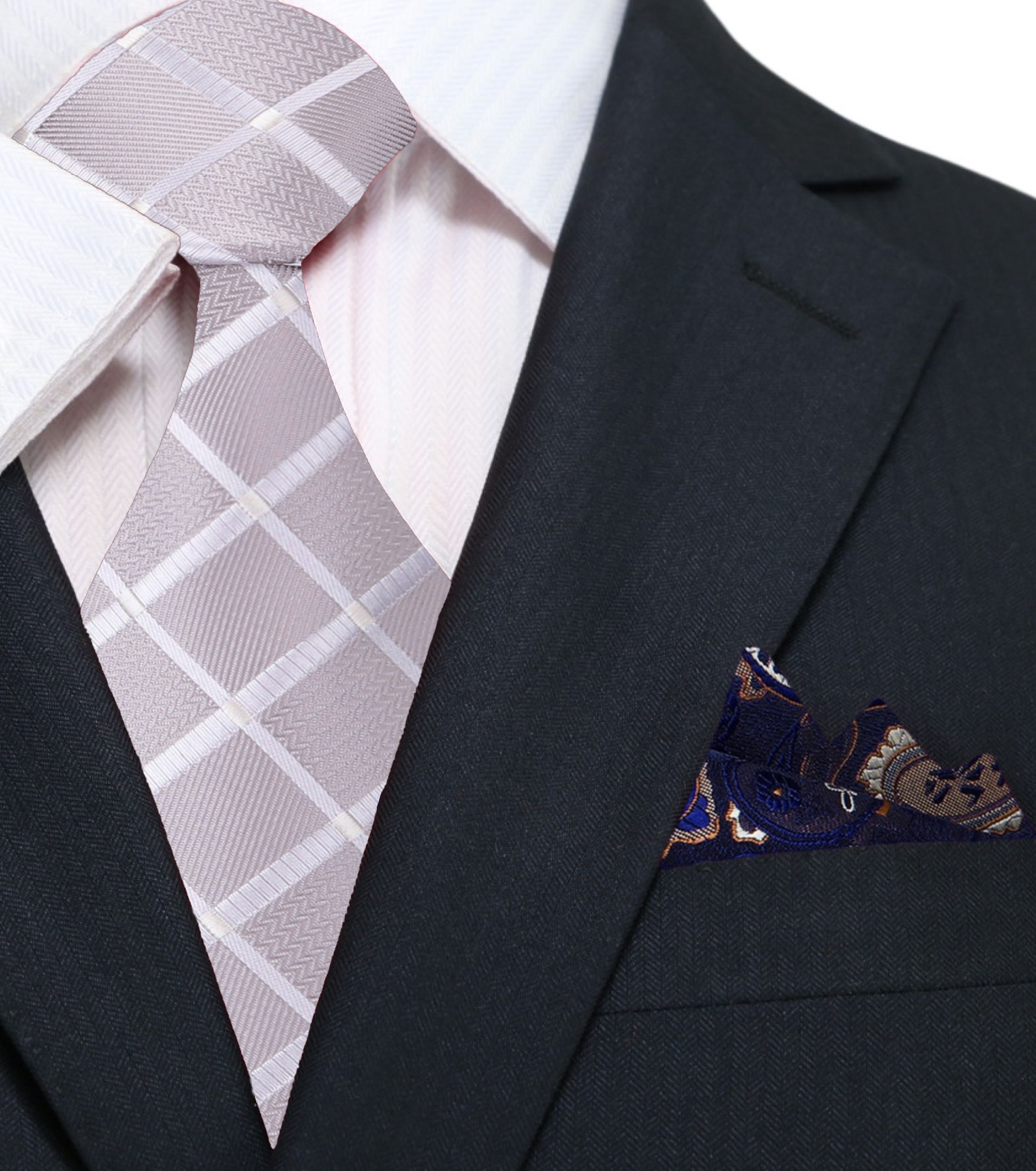 Close-up of windowpane texture on formal necktie for garden party outfit.