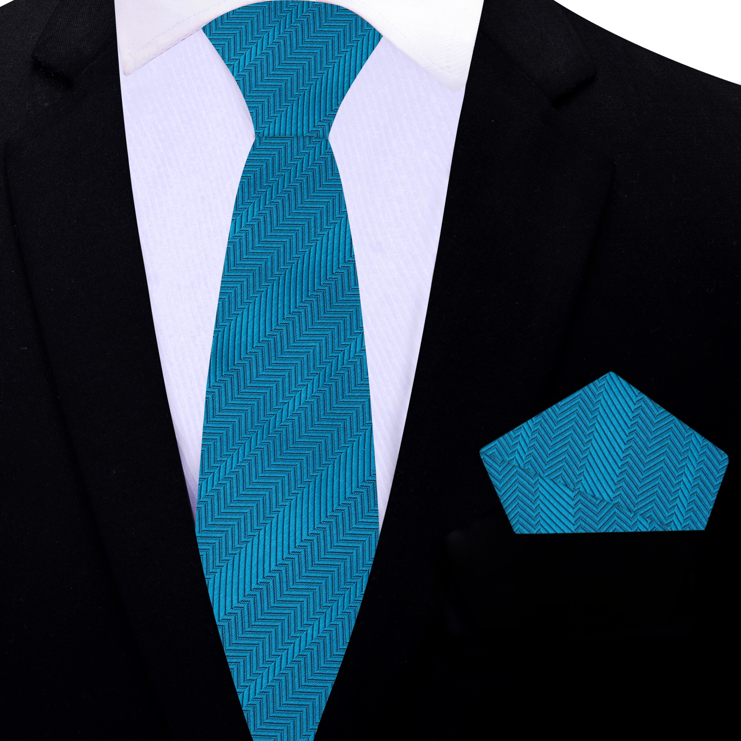 Elegant teal silk necktie displayed on a wooden table, showcasing its herringbone texture.