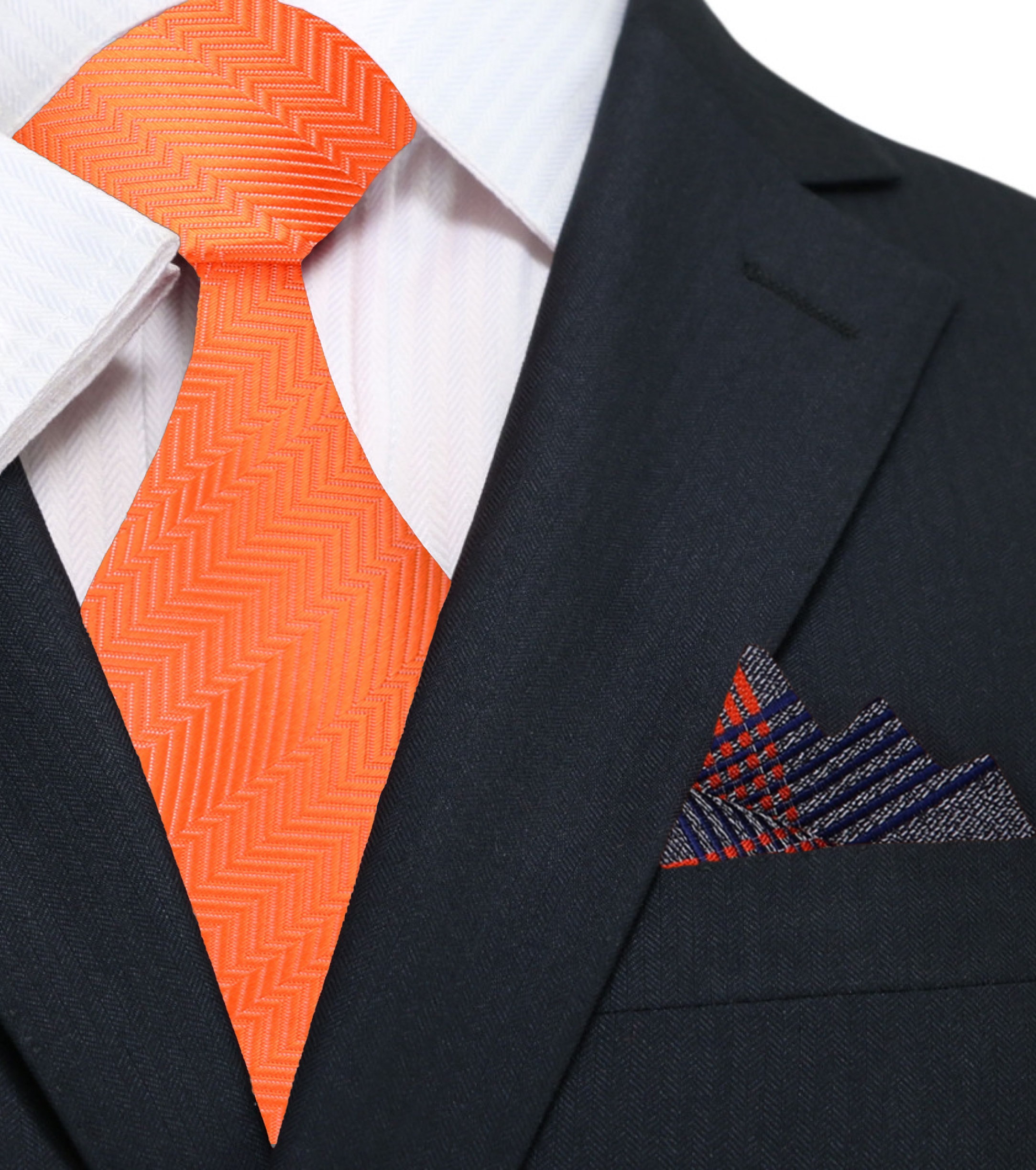Close-up of orange necktie with pocket square — elegant silk texture