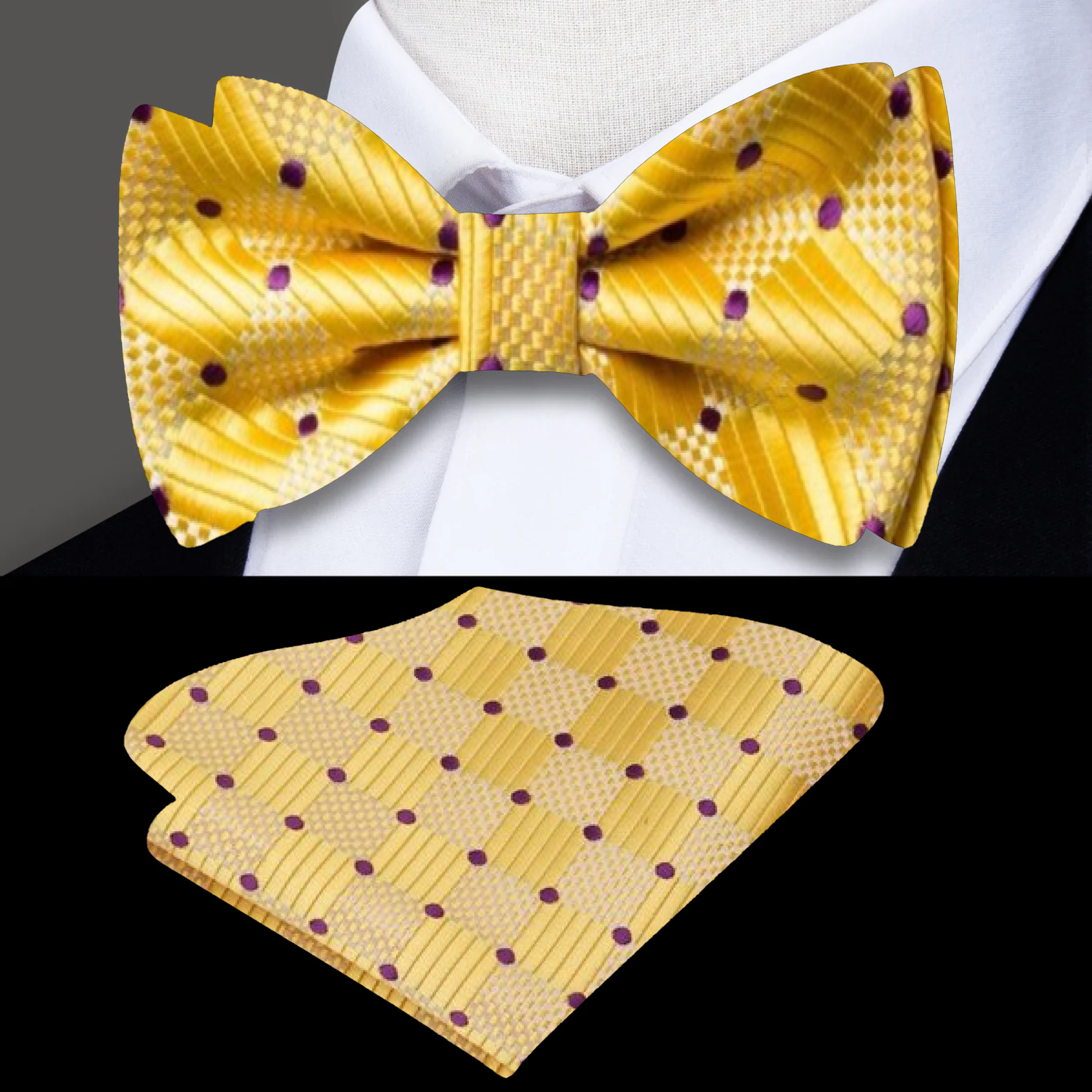 Close-up of a kids bow tie with geometric pattern in yellow and purple