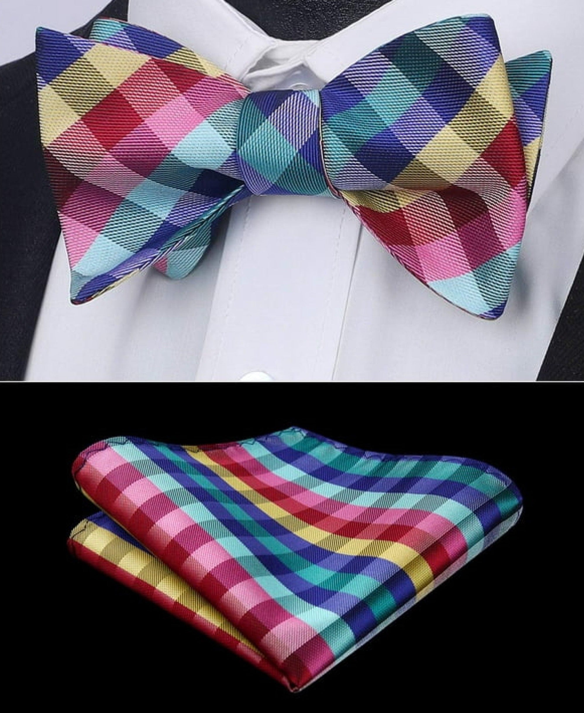 Front view of Whitlock multi-color plaid bow tie on a model