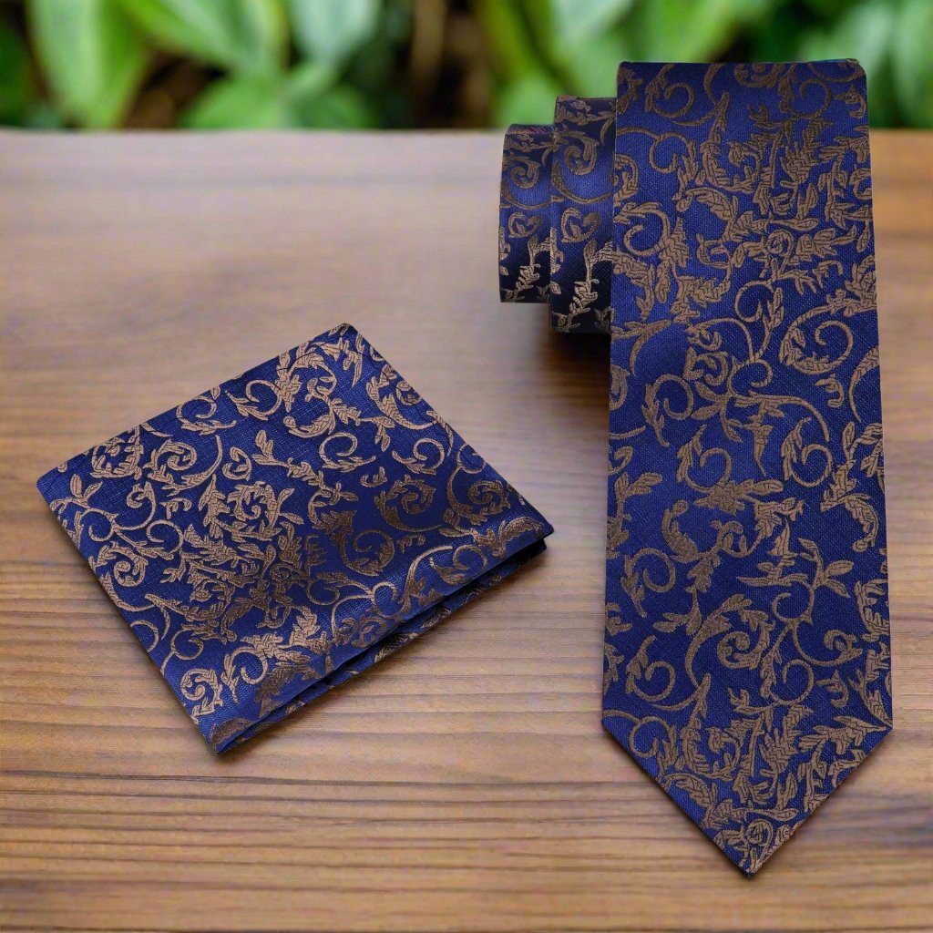 Dark blue silk necktie with sage vine pattern, ideal for business events.