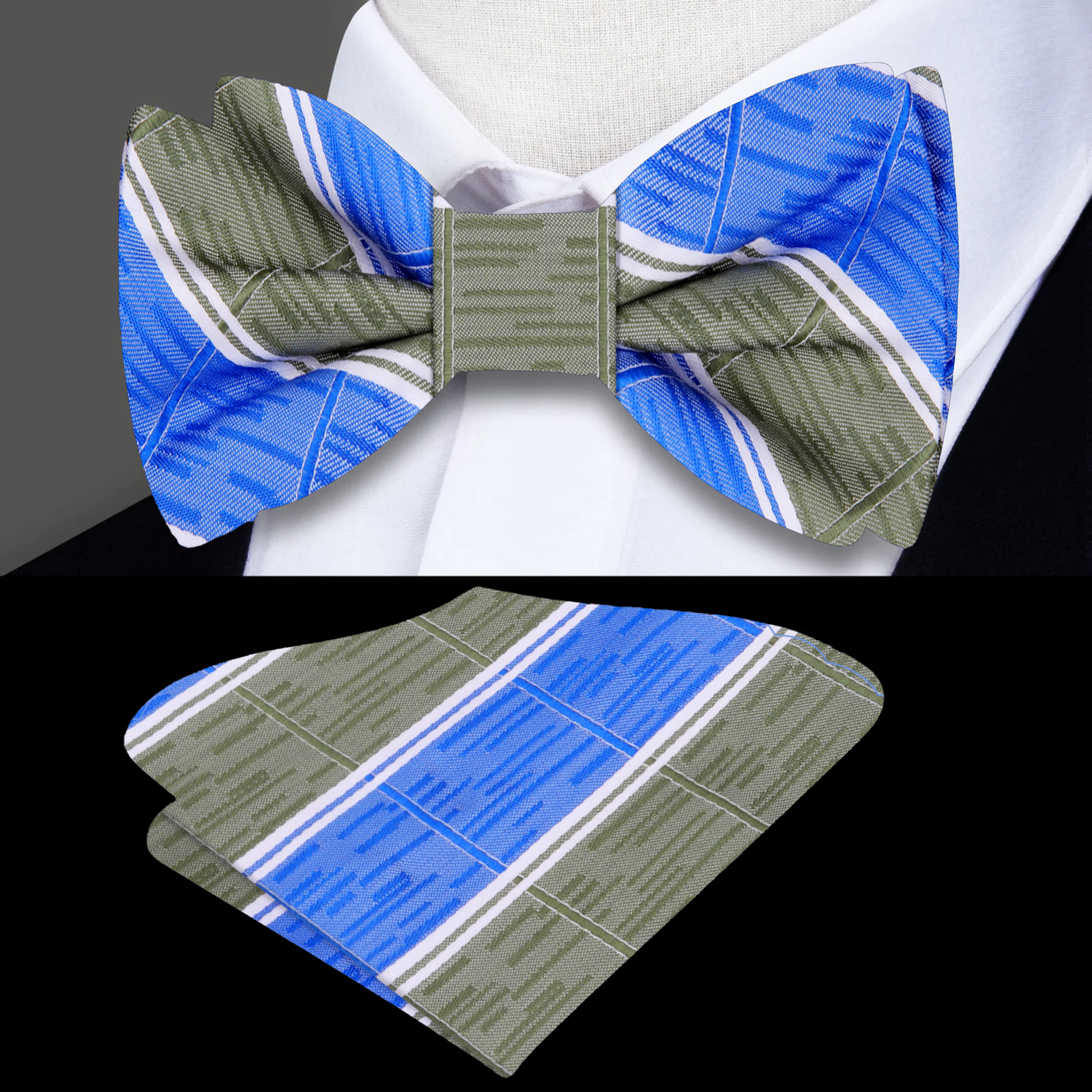Front view of the blue plaid silk bow tie on a mannequin, highlighting its pattern and craftsmanship.