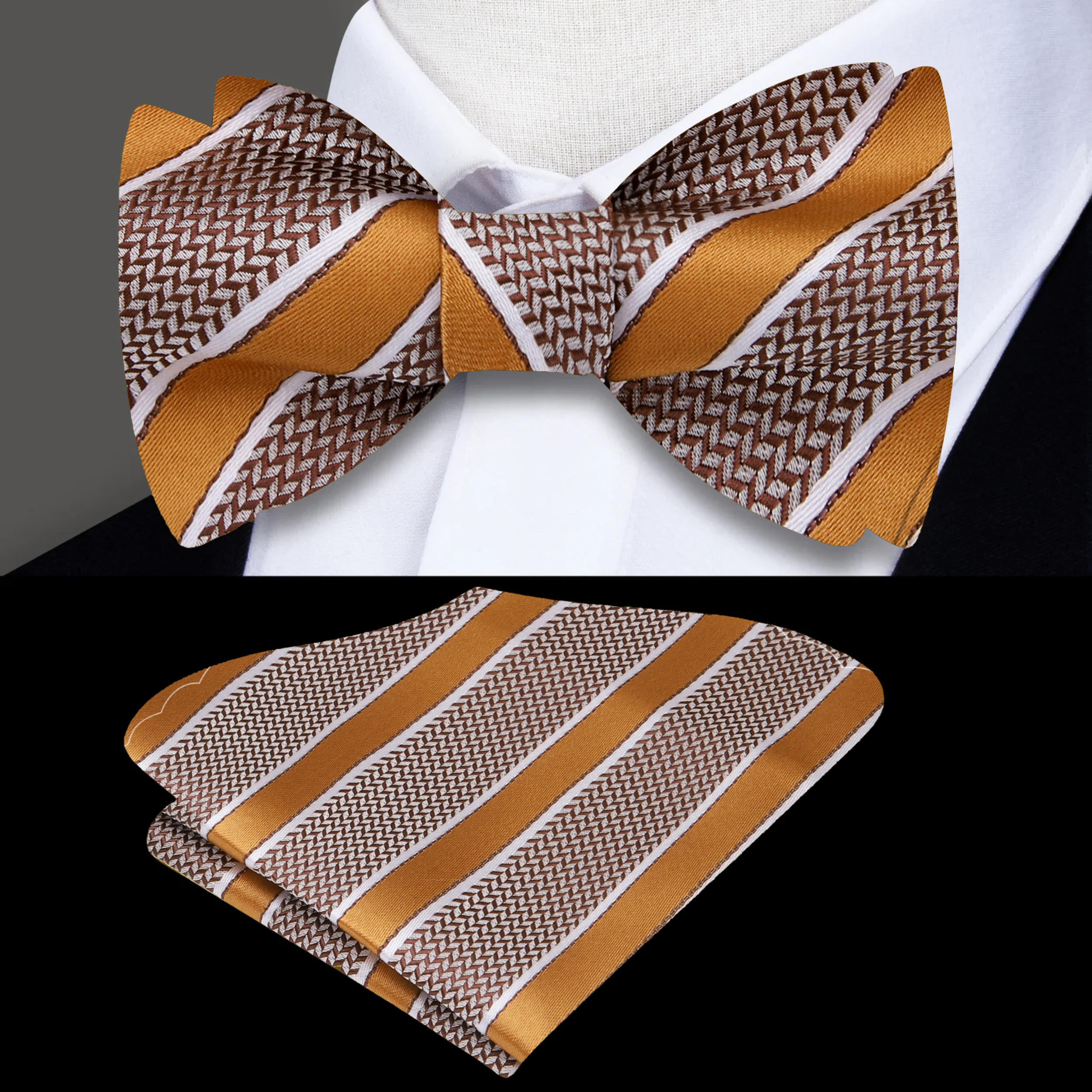 Elegant brown striped silk bow tie displayed against a neutral background, showcasing its classic pattern.