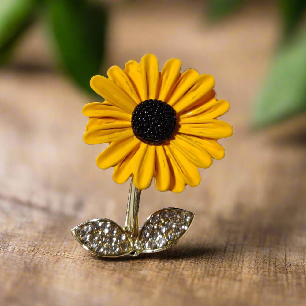 Fashionable sunflower pin accessorizing casual summer outfit