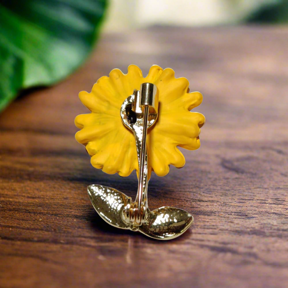 Sunflower lapel pin on a blazer for garden party style