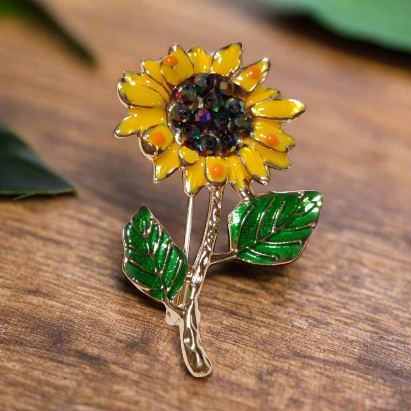 Sunflower lapel pin on a blazer for garden party style