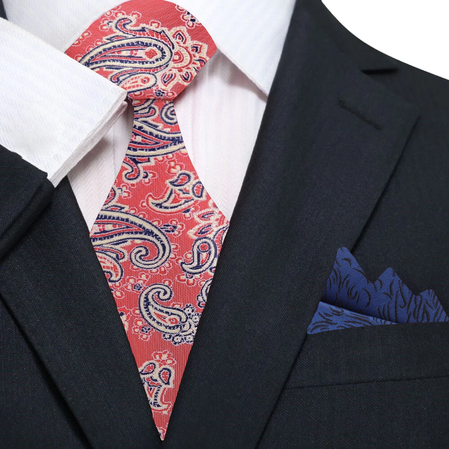 Fashionable paisley tie styled with navy suit for formal occasions