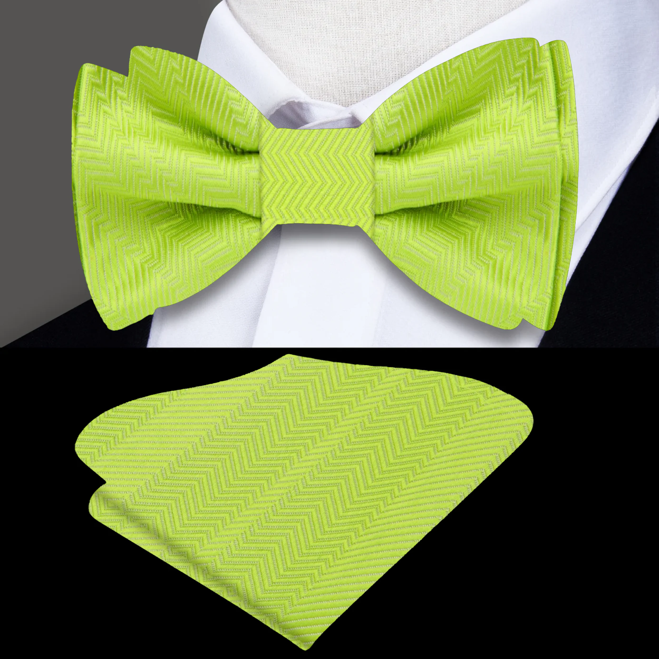 Close-up of a deep pine green silk bow tie, showcasing its smooth texture and elegant design.