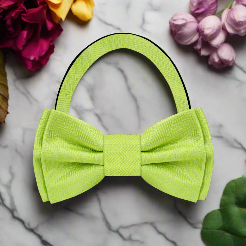 Model wearing a mint green bow tie paired with a white dress shirt, ideal for spring garden parties.