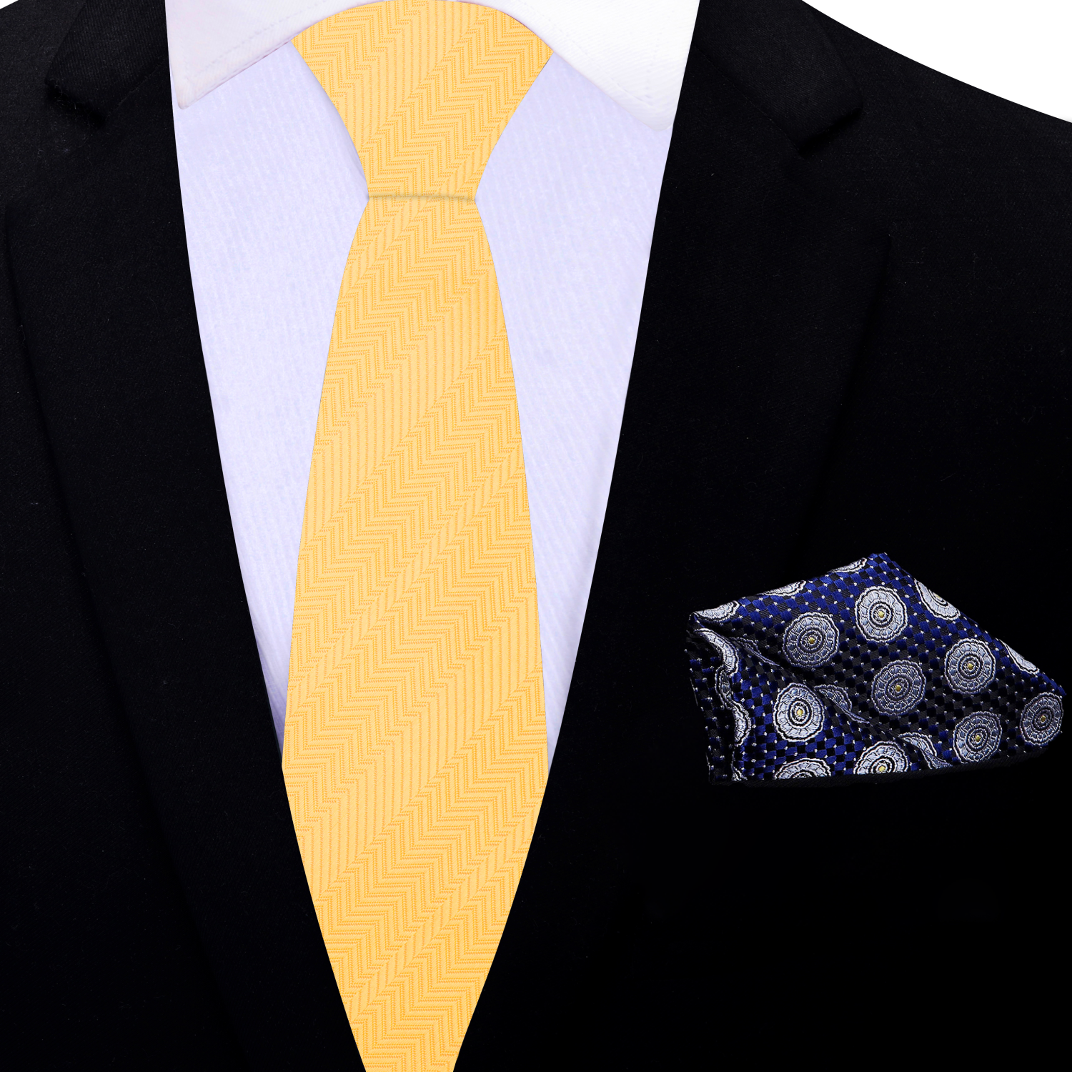 Dandelion yellow tie paired with a light blue dress shirt and navy suit, showcasing a stylish formal outfit.